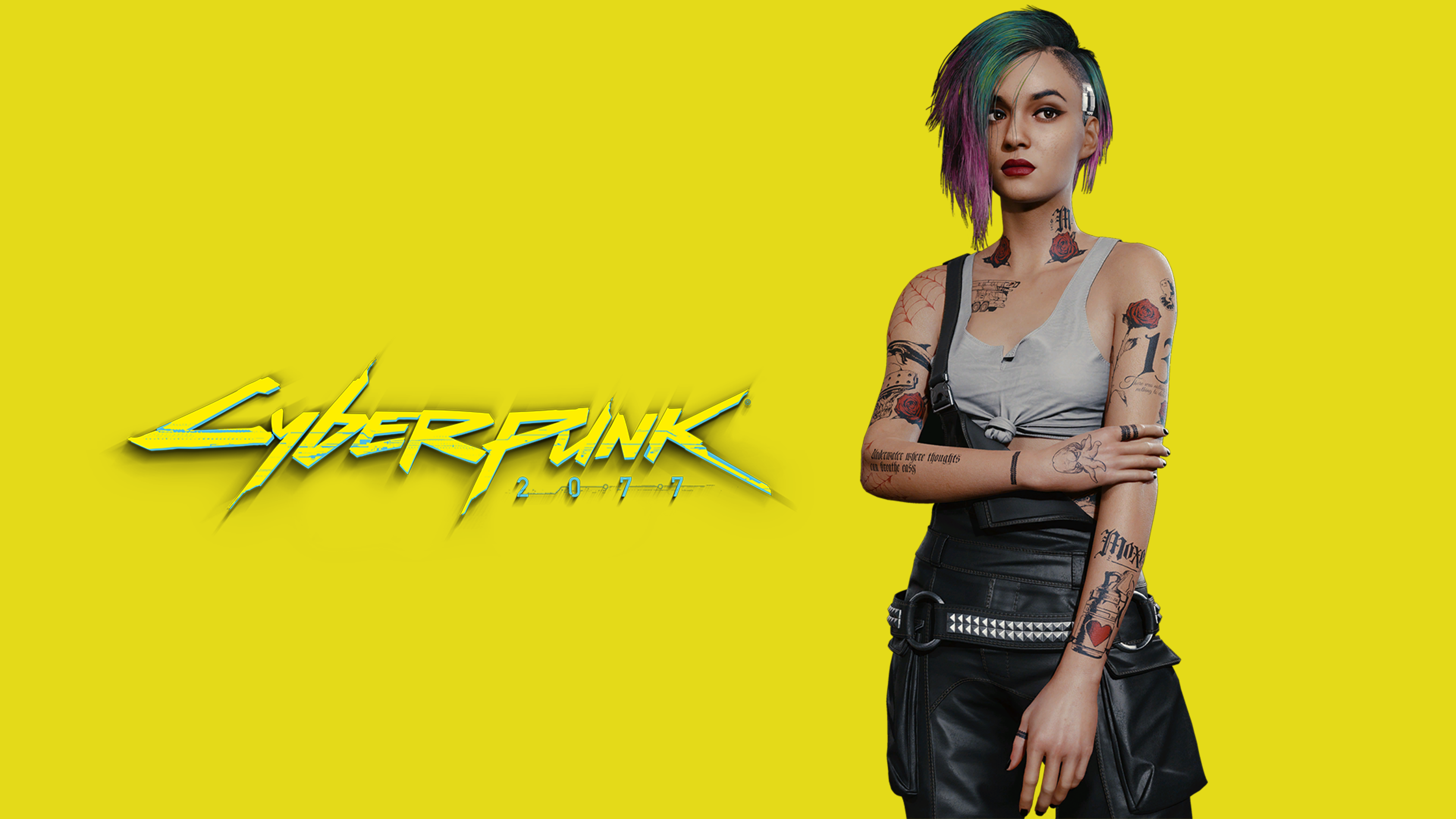 High-resolution cinematic portrait of Judy Alvarez from the video game Cyberpunk 2077 featuring a bold yellow background.