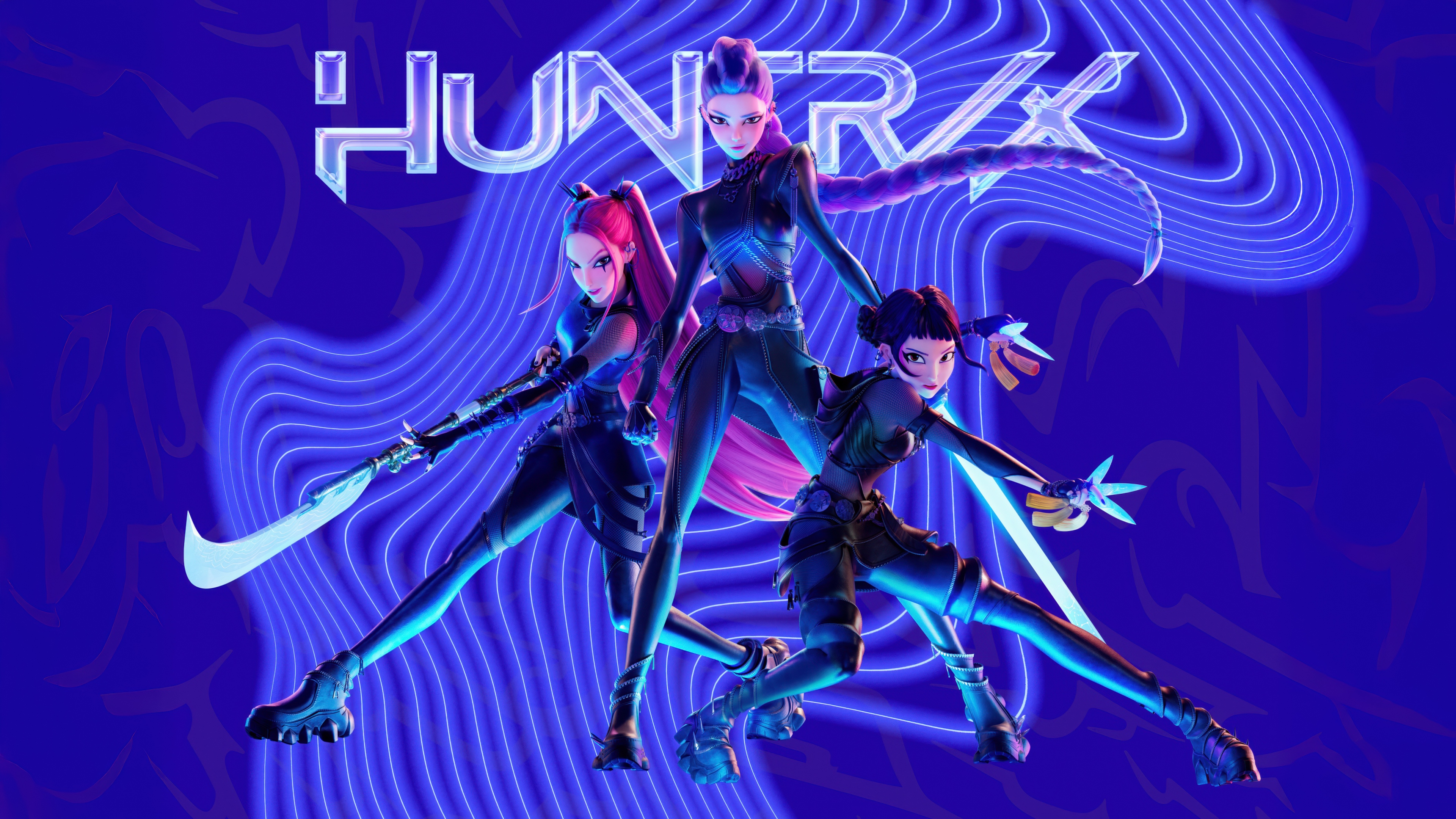Three female K-pop inspired demon hunters, Mira, Rumi, and Zoey, featuring a cool blue aesthetic and combat-ready attire.