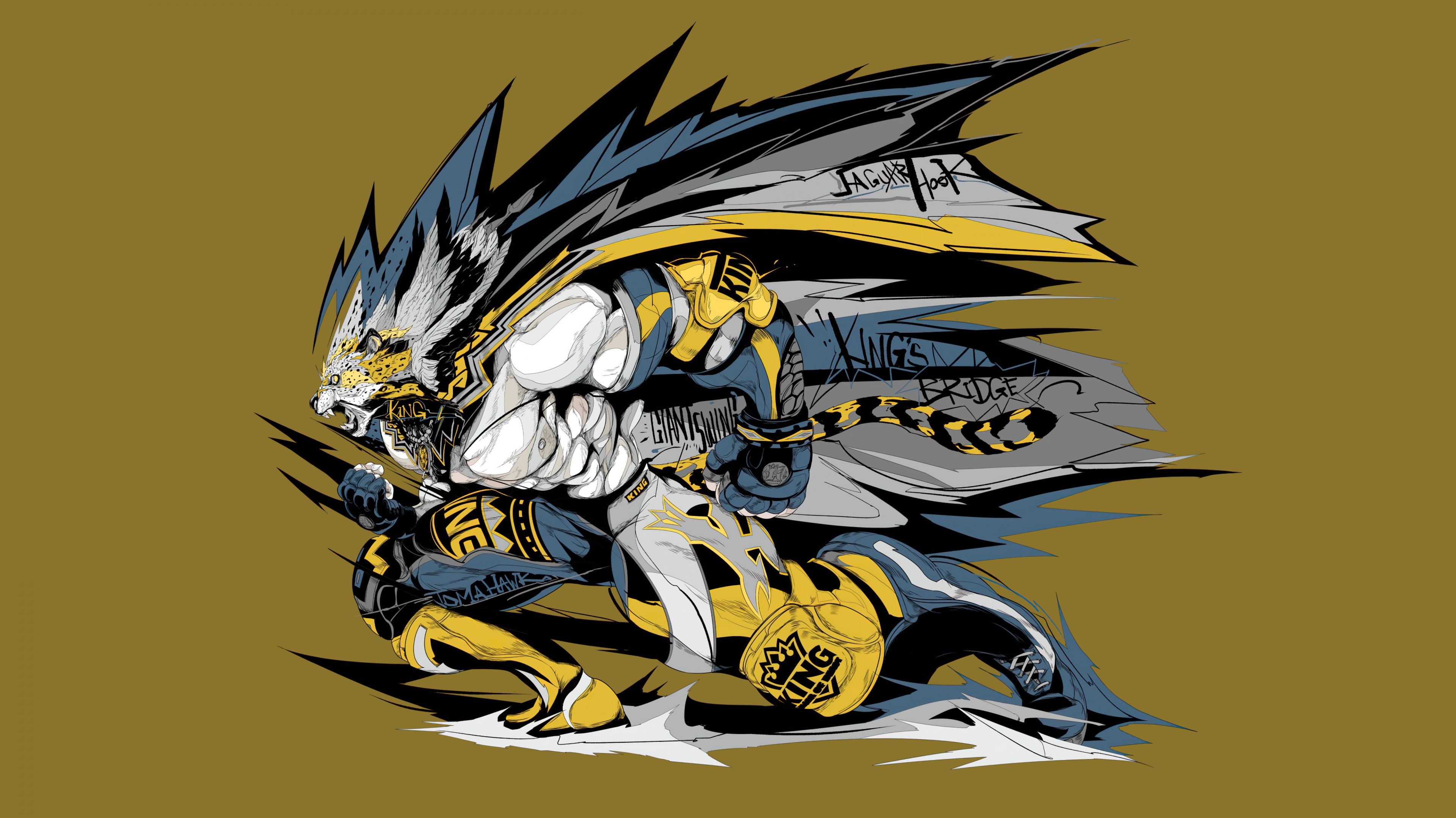 Cinematic digital illustration of King, the masked wrestler from the Tekken fighting game series.