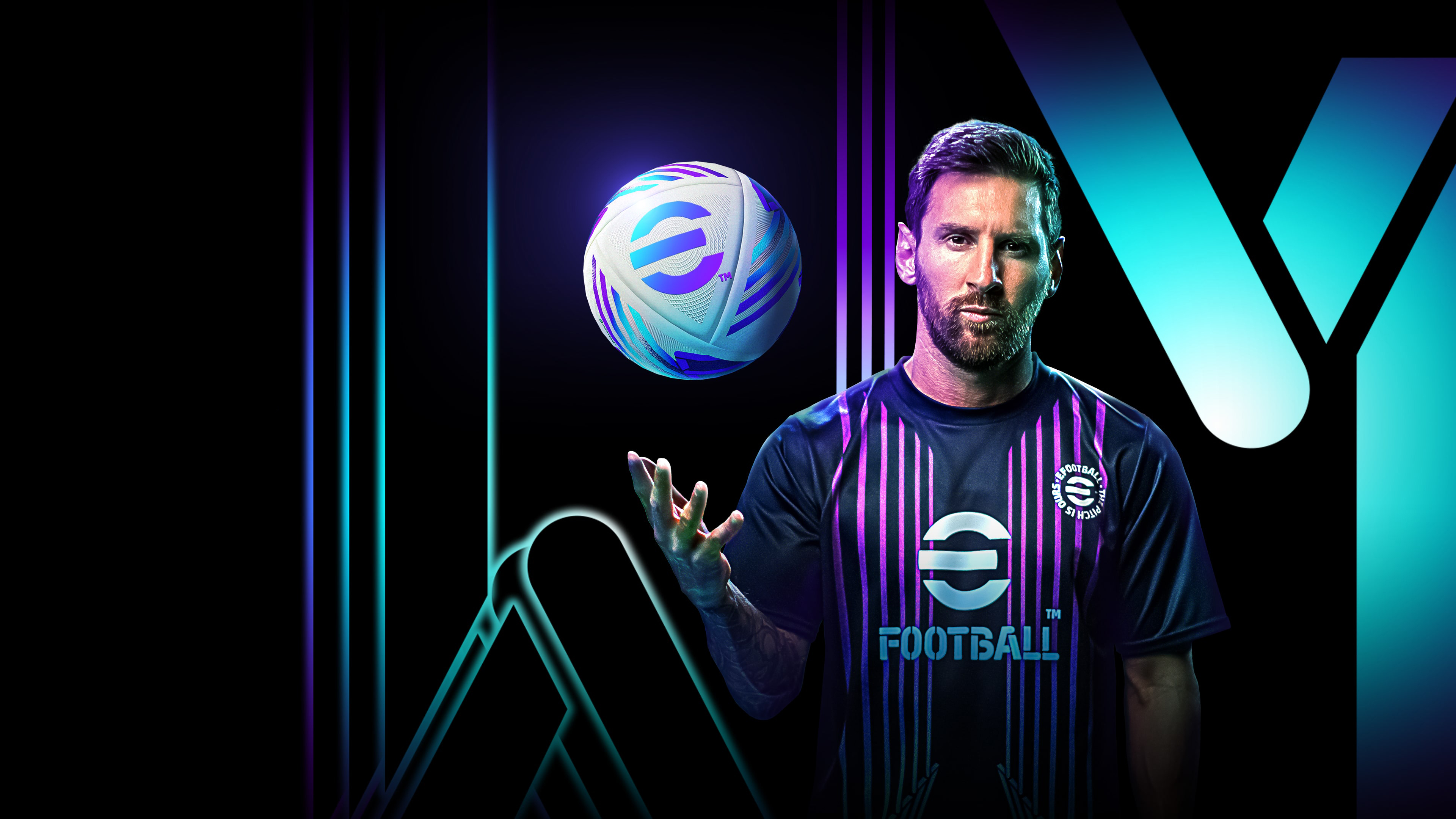 Neon glowing portrait of Lionel Messi from eFootball 2024 featuring vibrant blue and pink light effects.