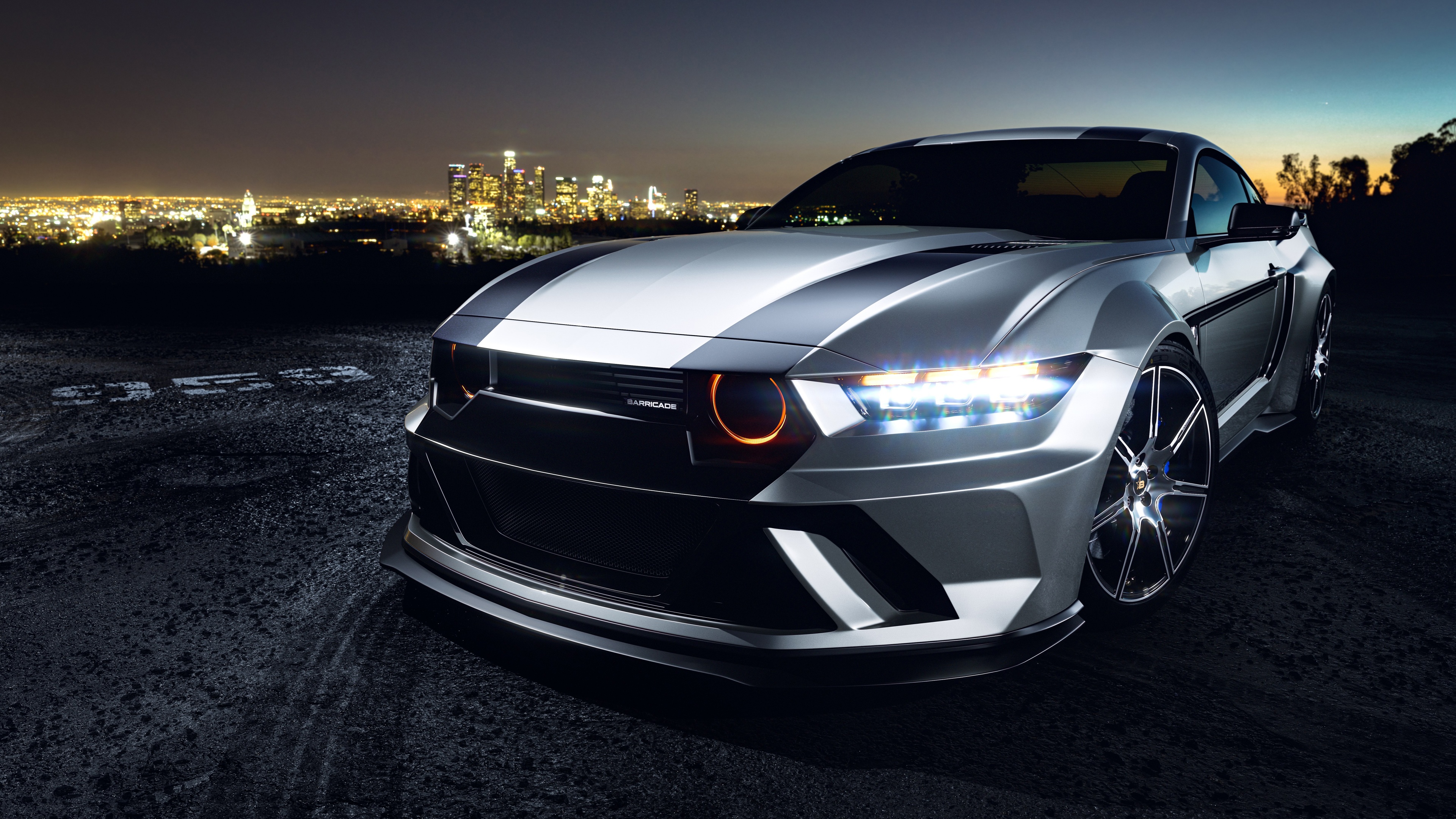 A highly detailed, custom-tuned Ford Mustang parked in a dark, atmospheric night setting with cinematic lighting.