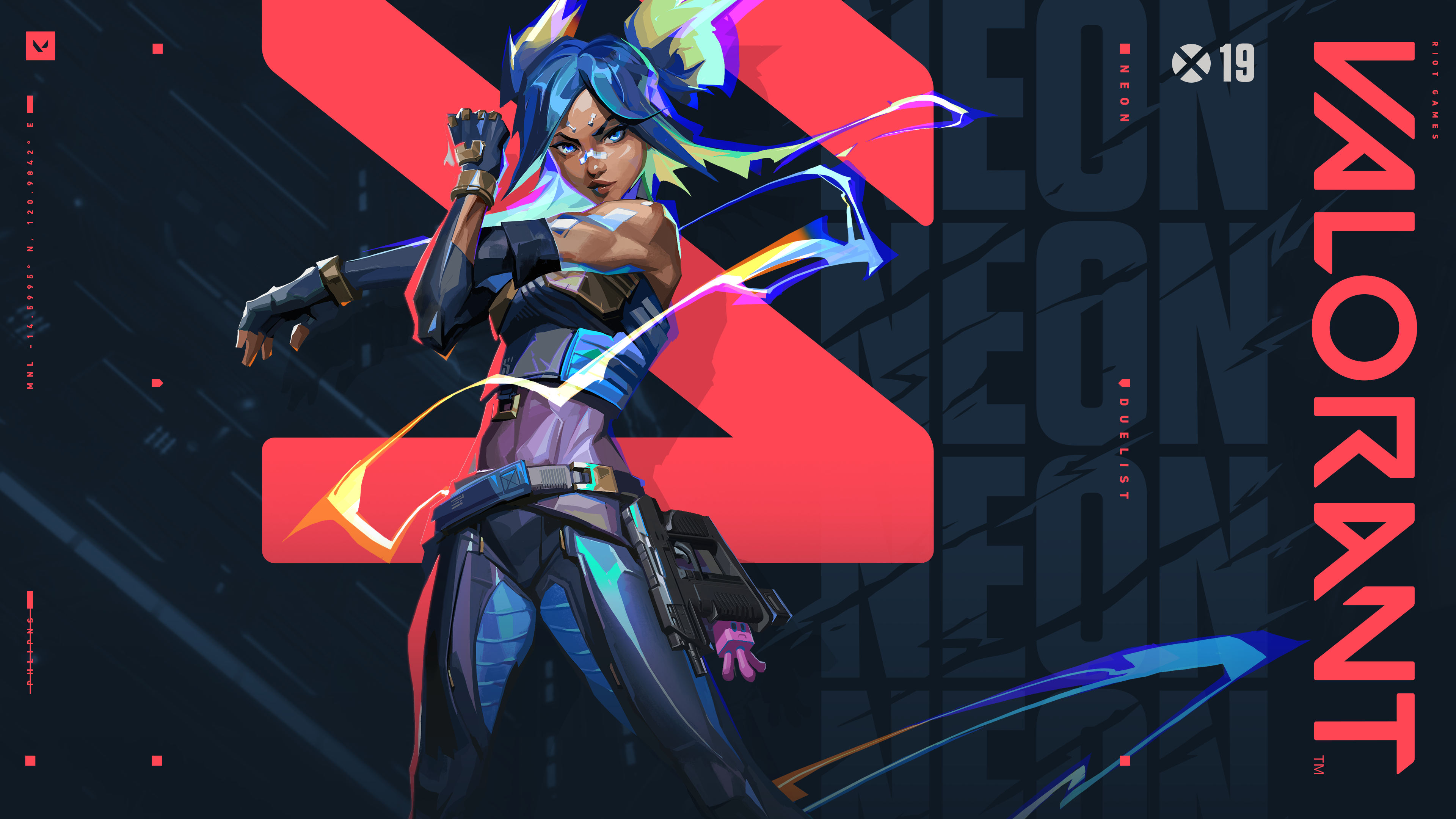 Neon from Valorant surrounded by glowing electric blue and yellow lightning effects.