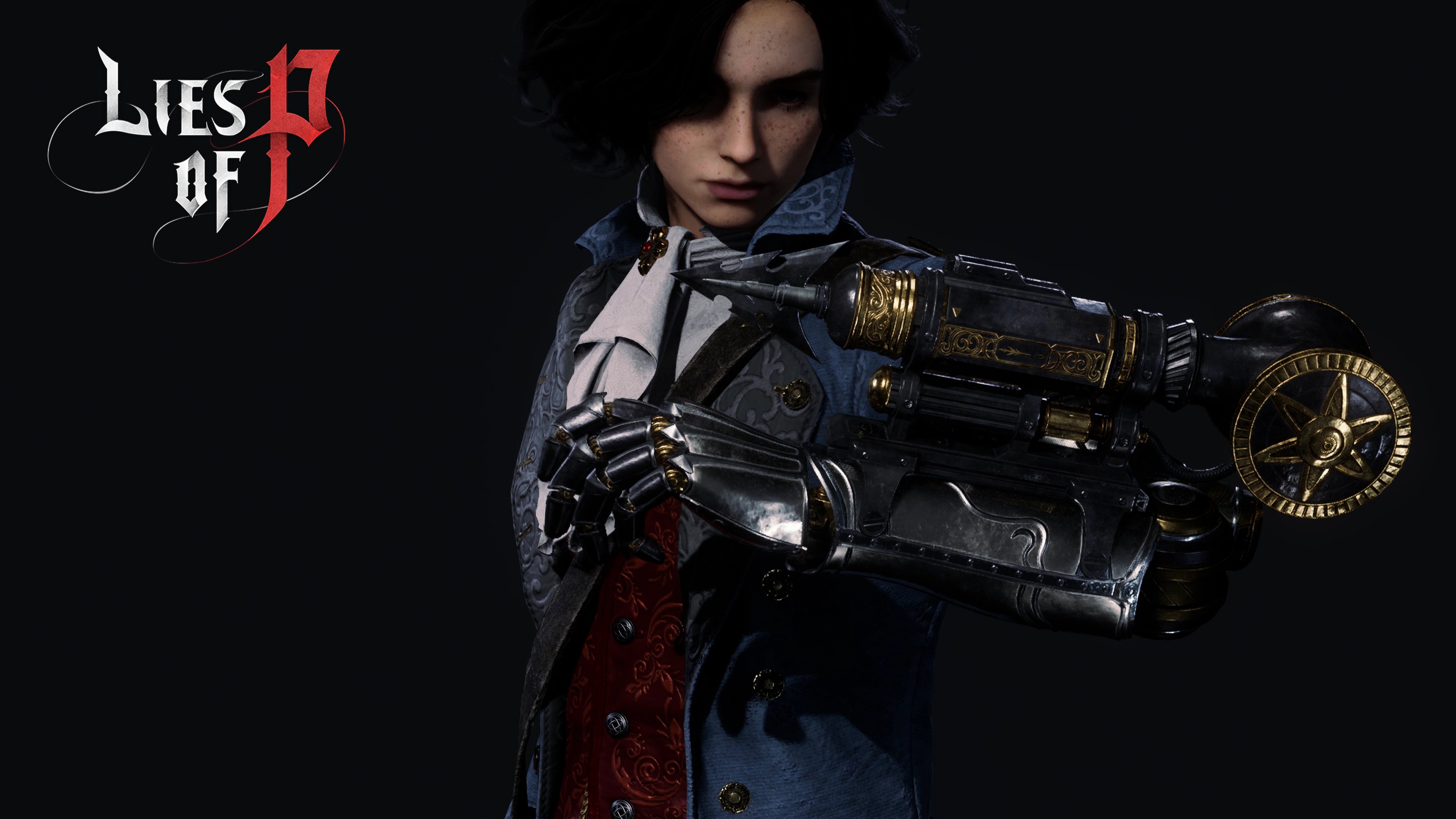 A cinematic close-up of the character P from the video game Lies of P against a dark, moody background.