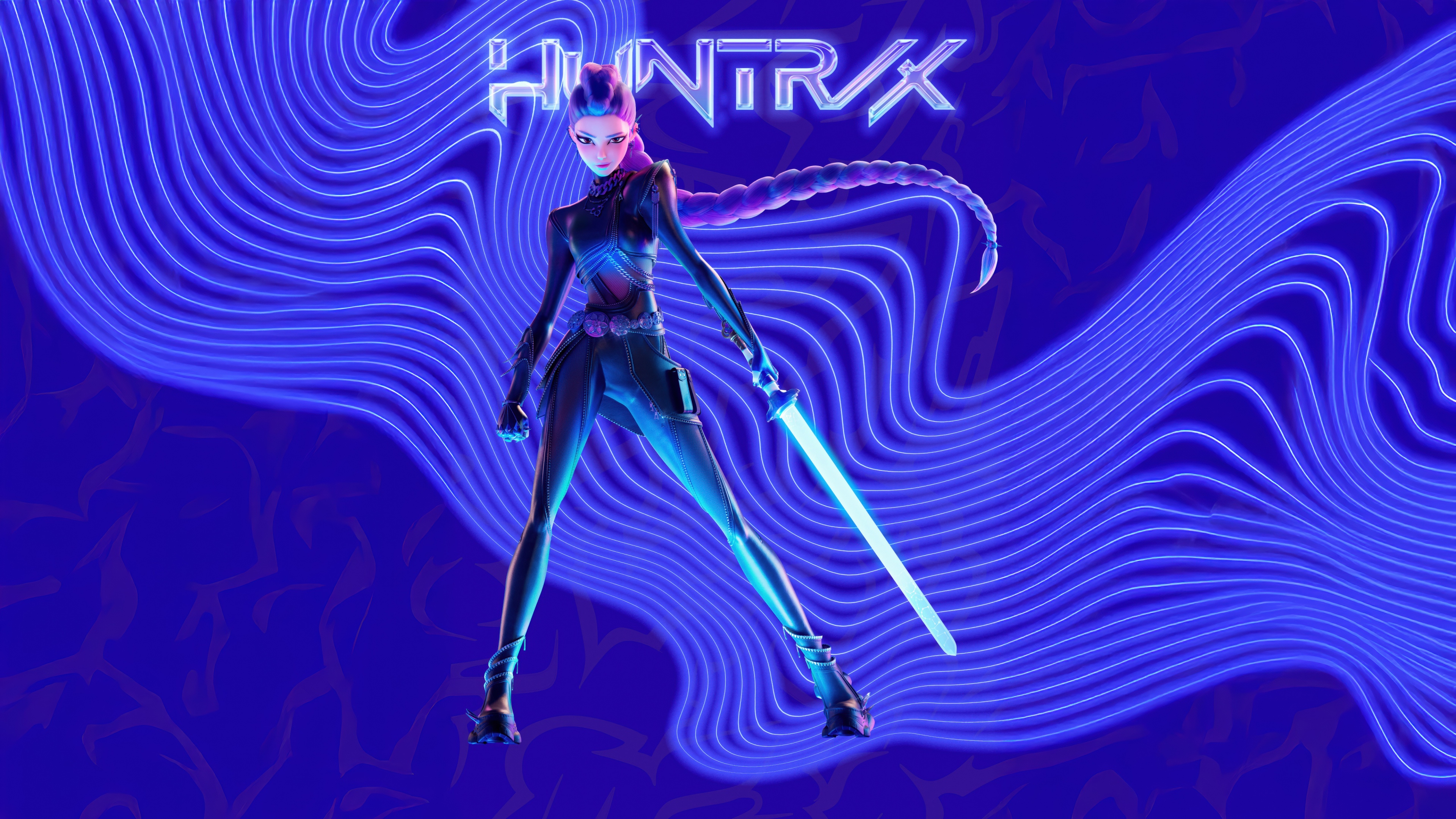 A cinematic portrait of Rumi (Huntrix) from KPop Demon Hunters featuring a blue aesthetic and warrior attire.