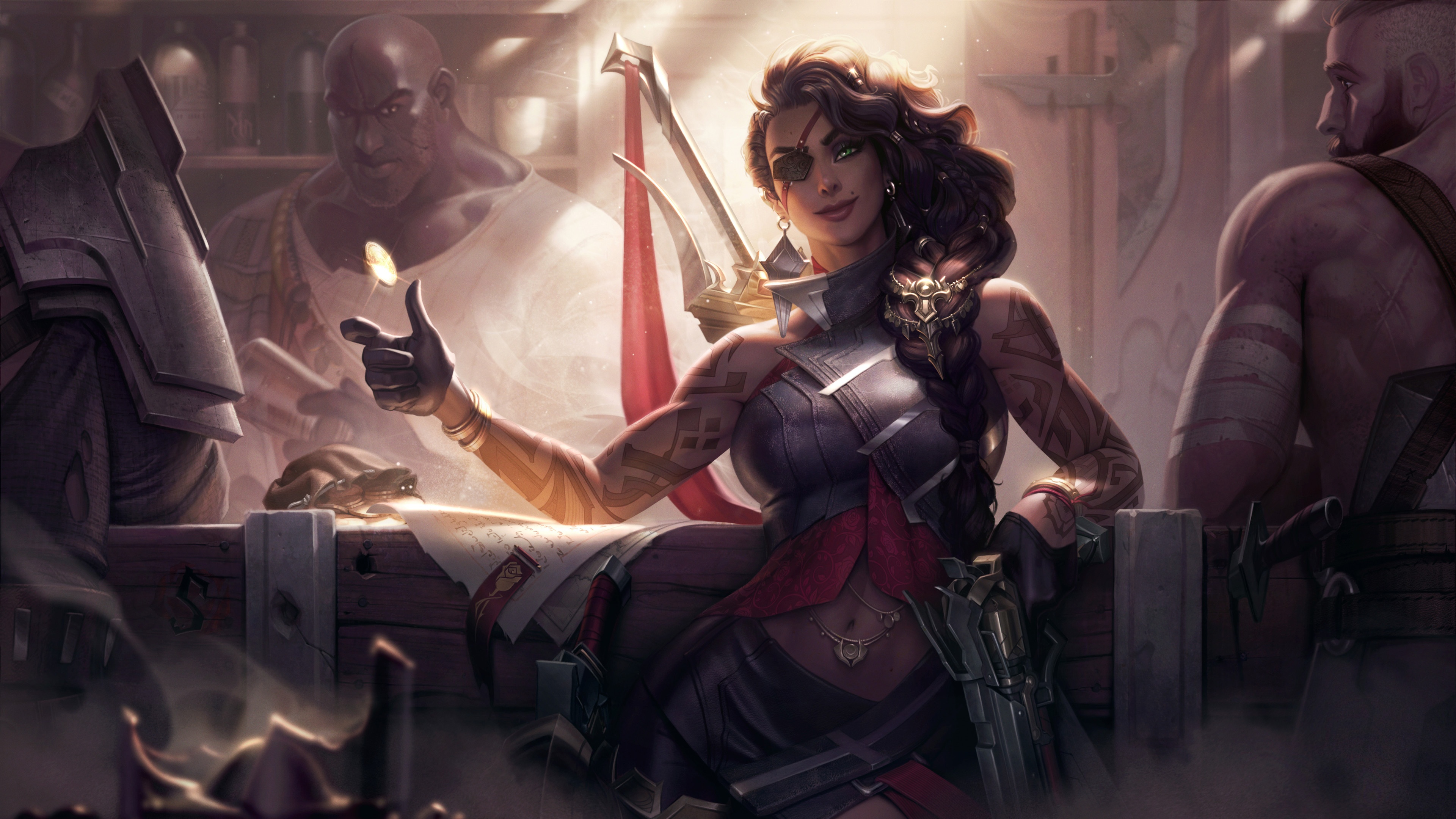 A cinematic portrait of Samira from League of Legends showcasing her weaponry and rogue aesthetic.