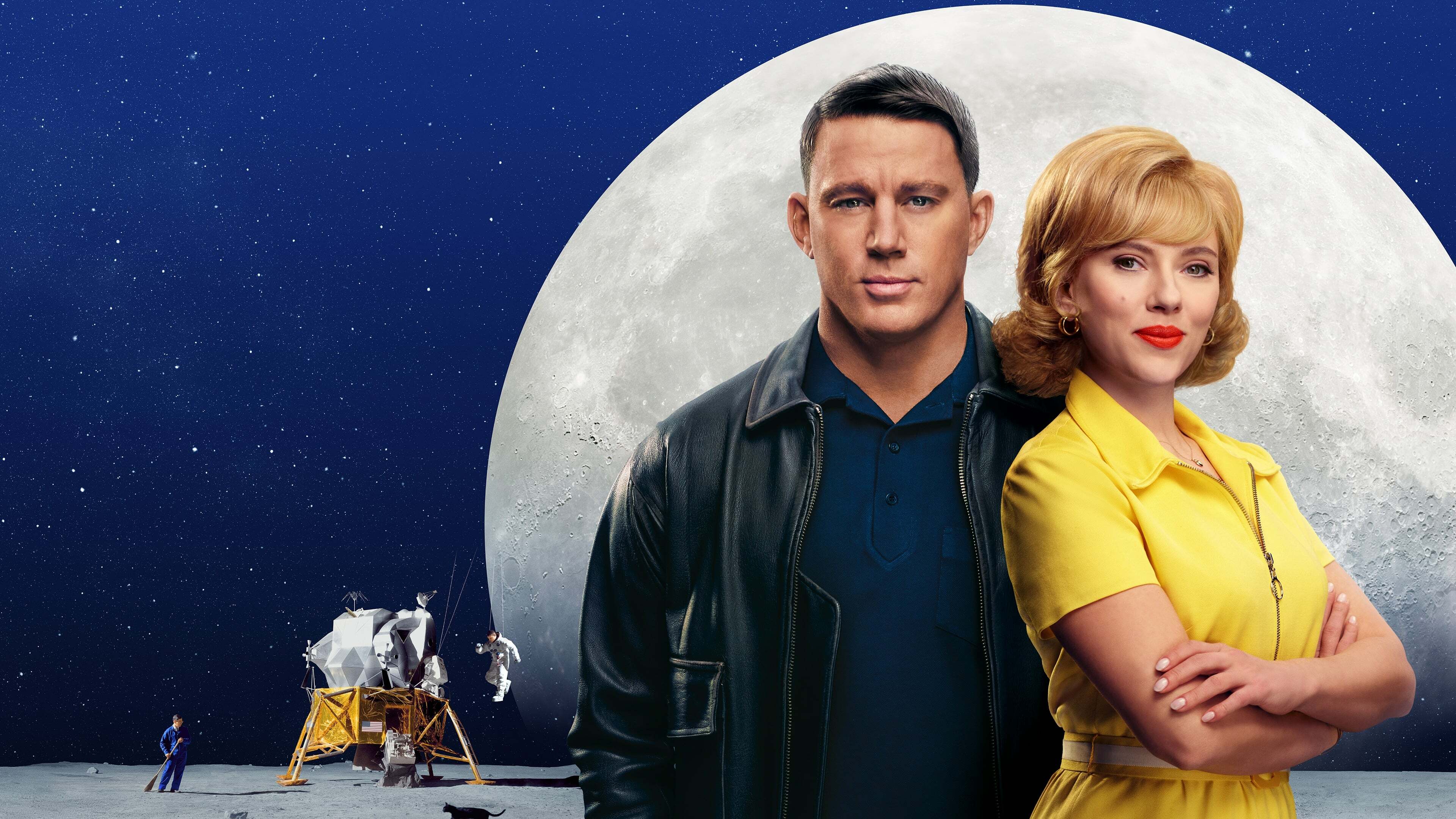 A cinematic close-up of Scarlett Johansson and Channing Tatum in a scene inspired by the movie Fly Me to the Moon.