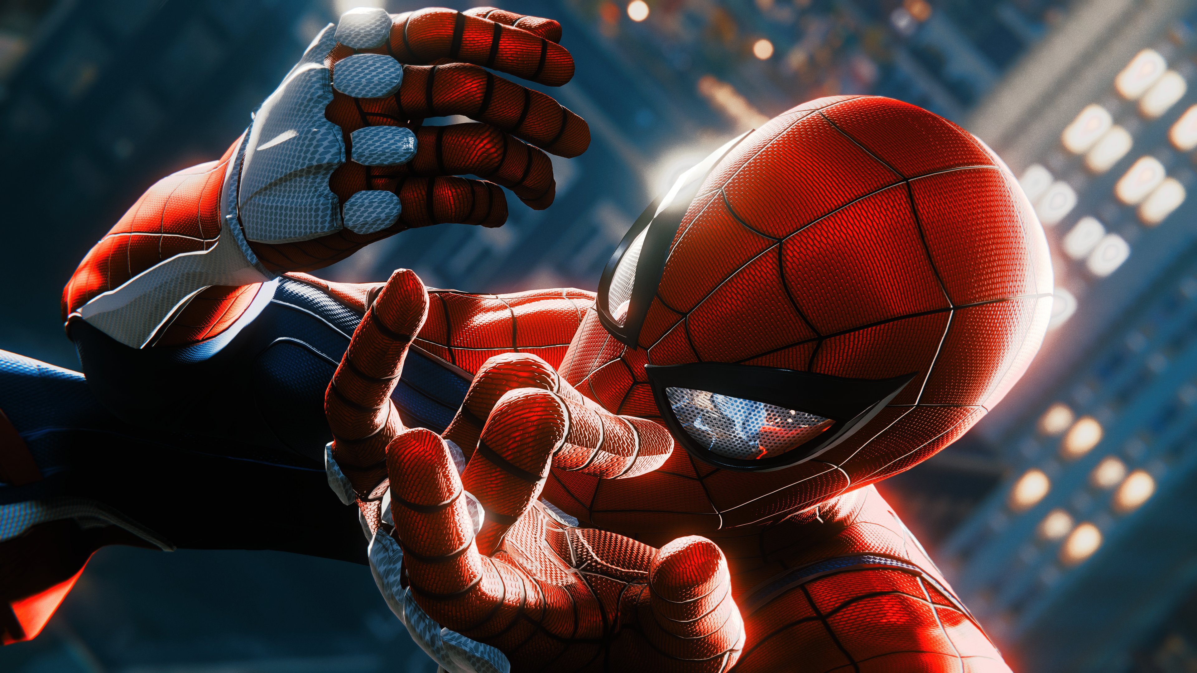 A high-detail cinematic screenshot of Spider-Man from the video game Marvel's Spider-Man Remastered.