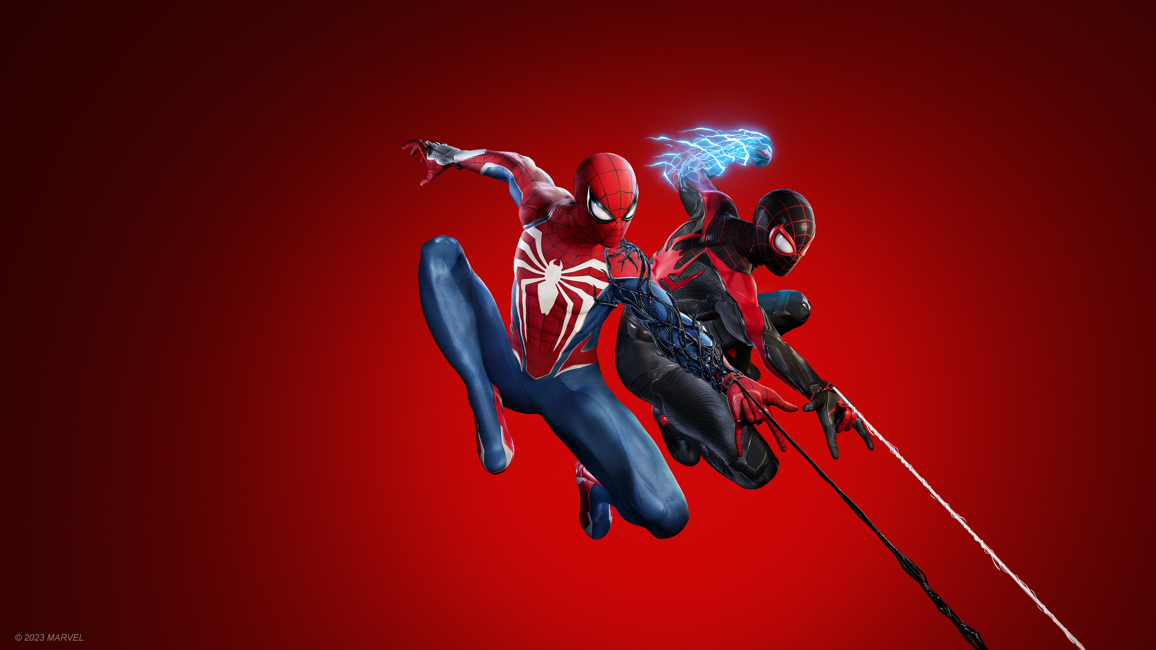 Spider-Man from Marvel's Spider-Man 2 posing against a vibrant red background in high-quality game cover art style.