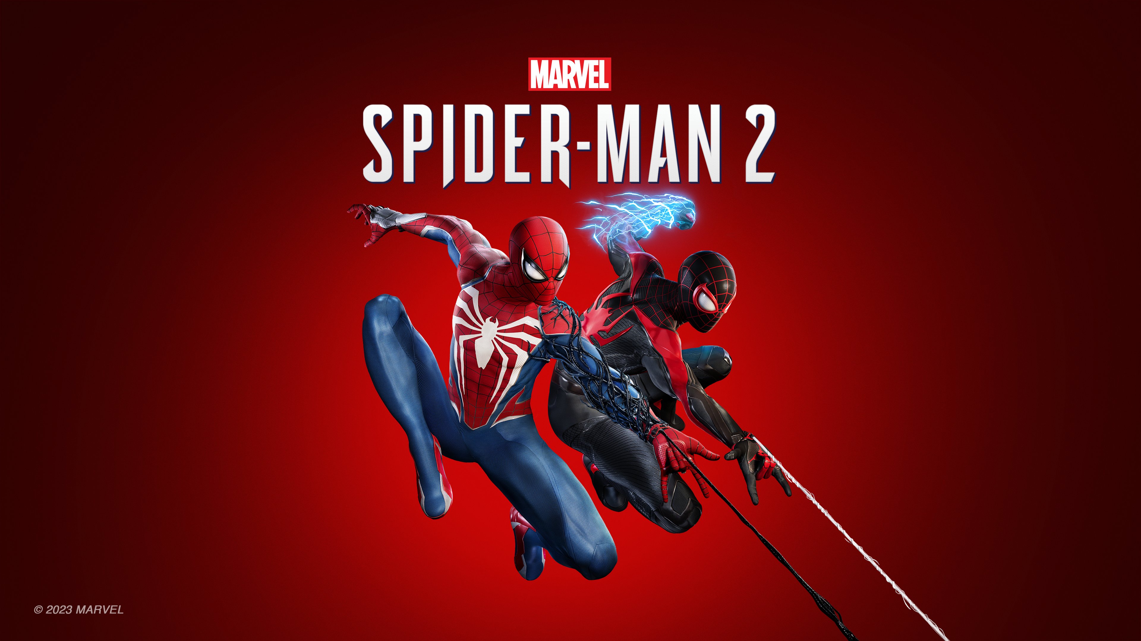 Spider-Man posing against a dramatic red background, inspired by the Marvel's Spider-Man 2 PlayStation 5 cover art.