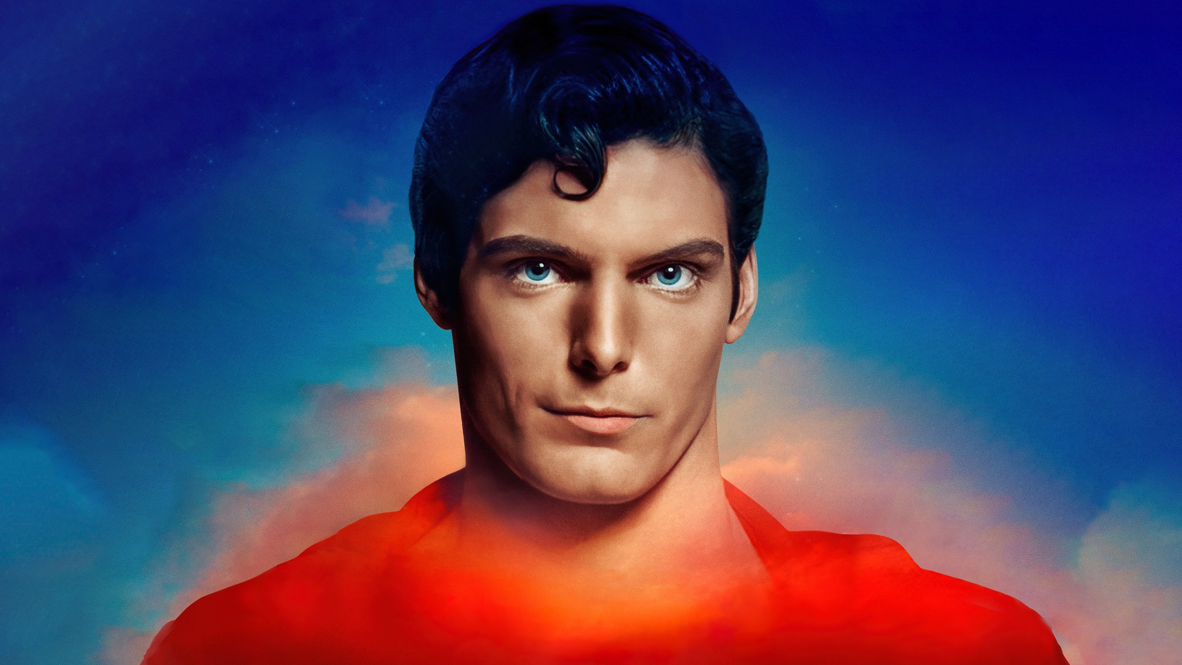 A cinematic movie poster of Superman, the legendary superhero from DC Comics, looking heroic and powerful.
