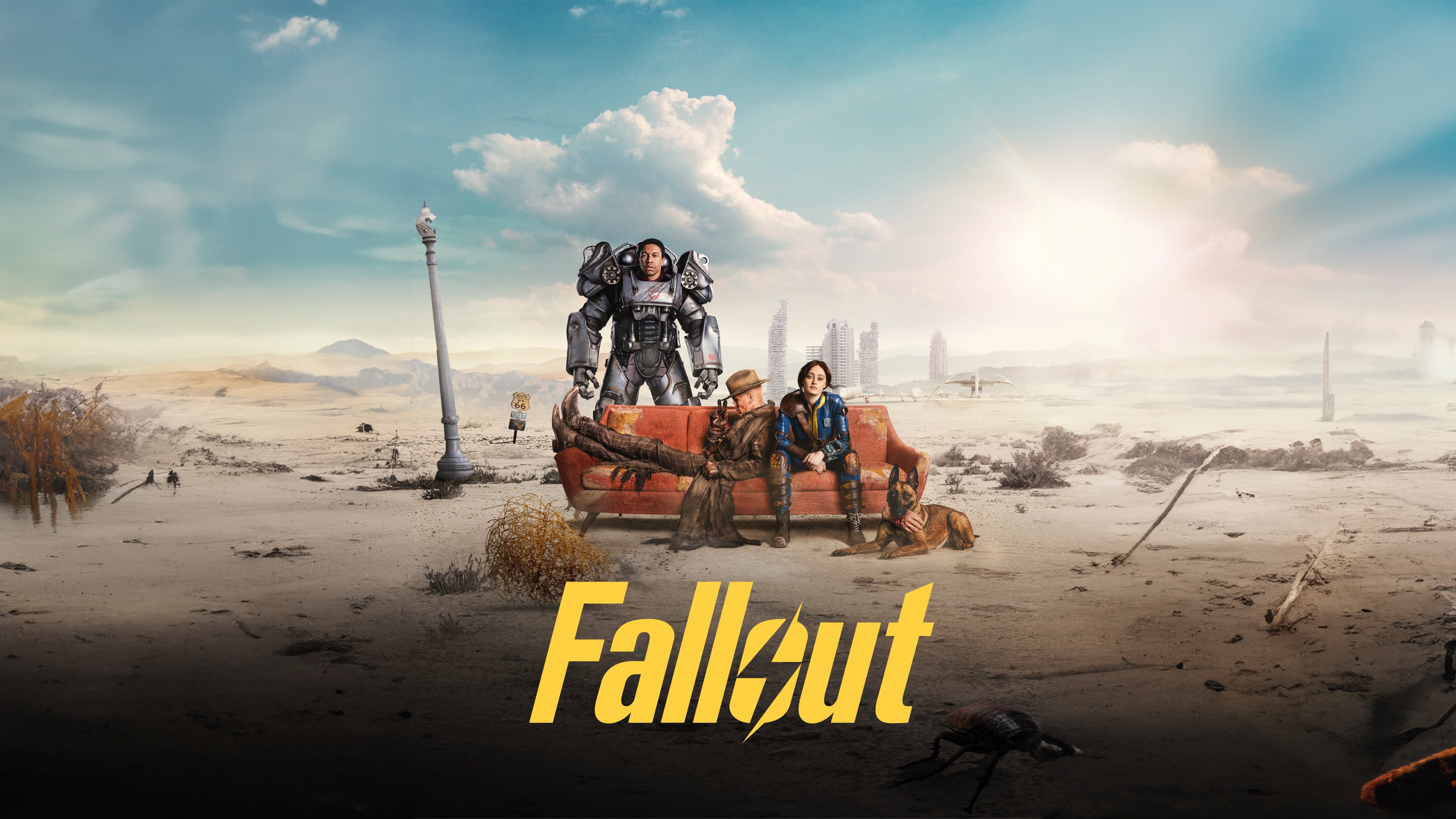 A cinematic shot of a Vault Dweller in a blue and yellow suit from the Fallout series standing in a post-apocalyptic wasteland.