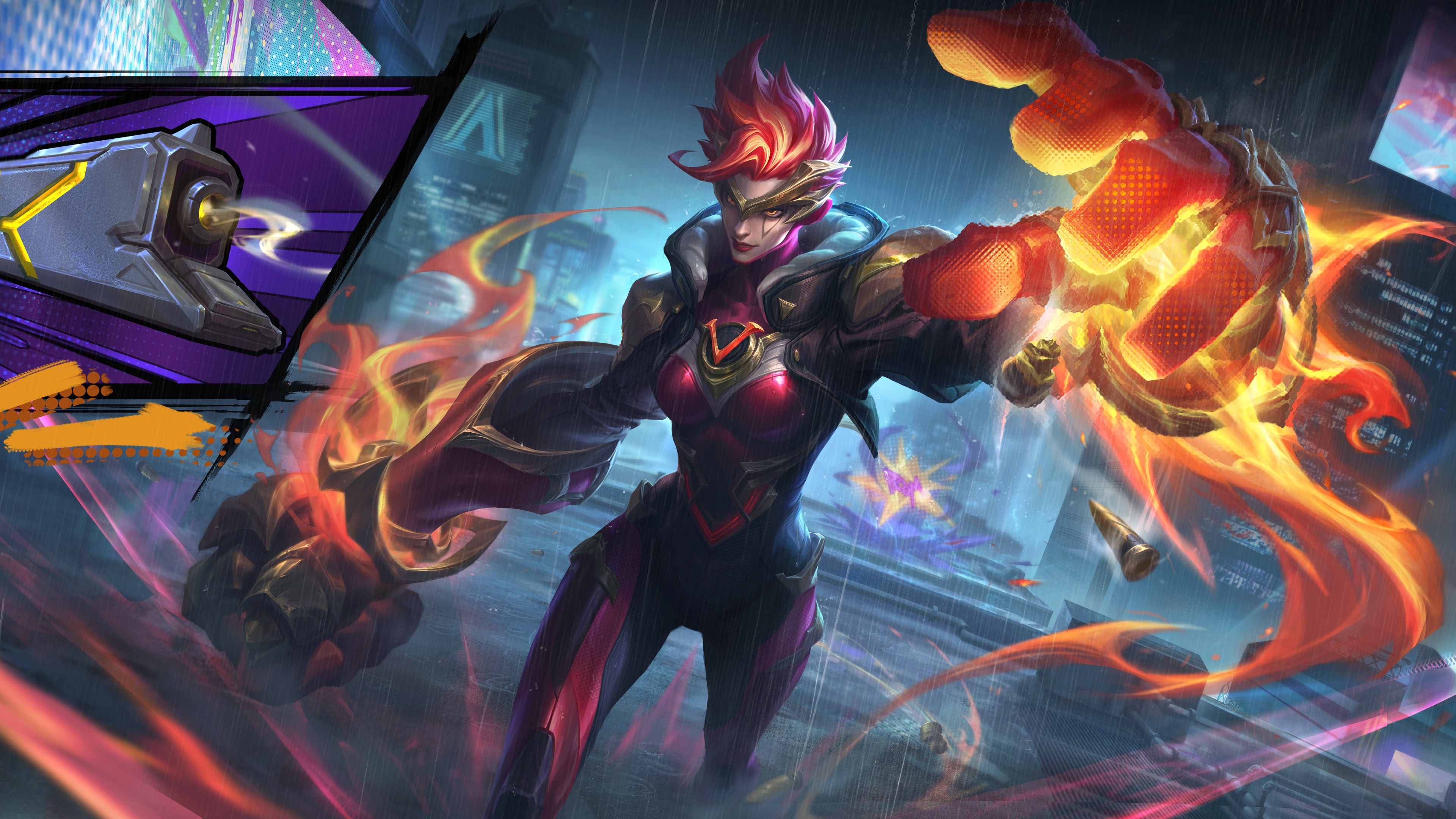 A high-resolution close-up of Vi from League of Legends: Wild Rift featuring her iconic pink hair and heavy combat gauntlets.