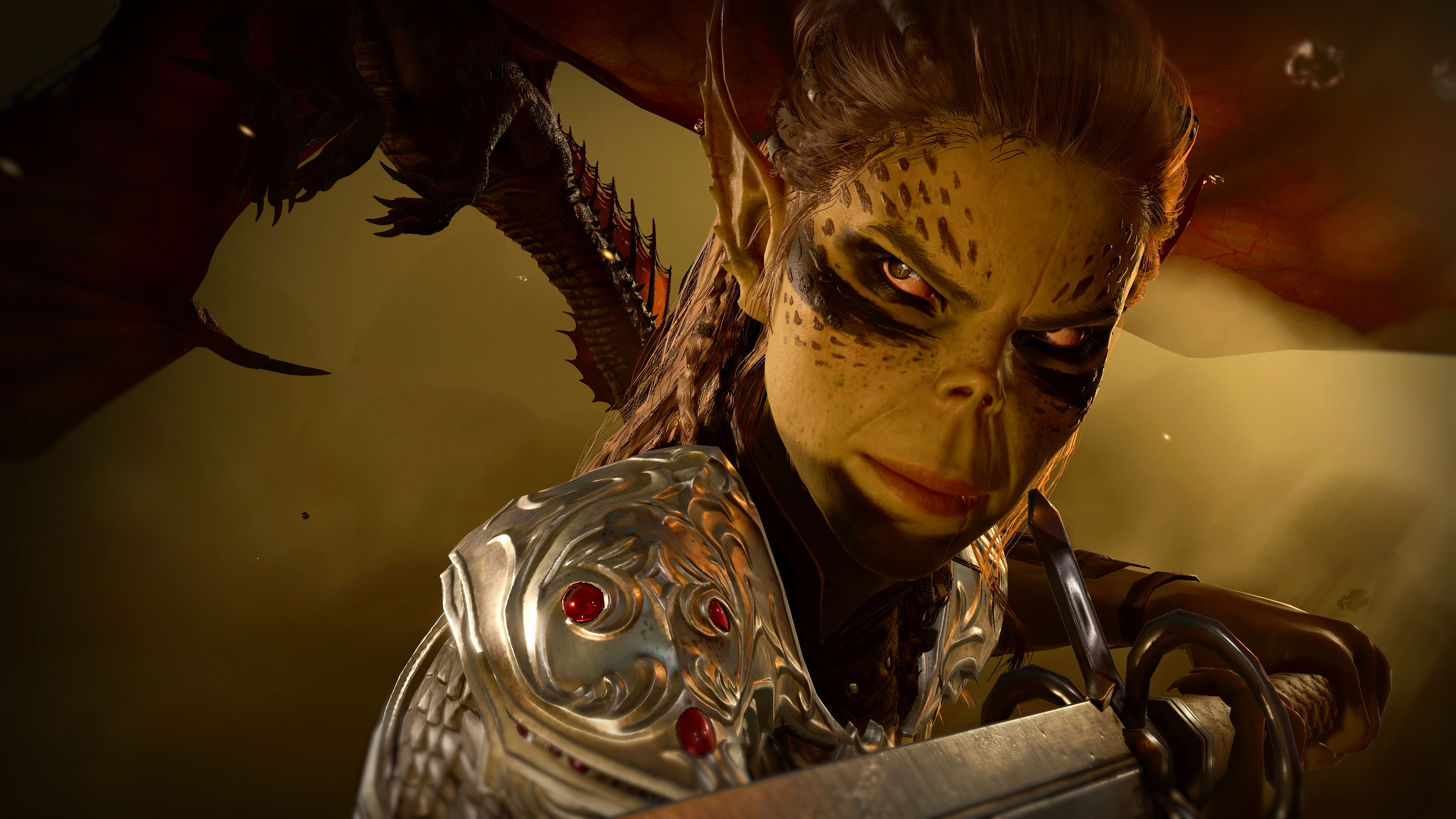 A detailed portrait of a female character from Baldur's Gate 3 wearing intricate fantasy attire