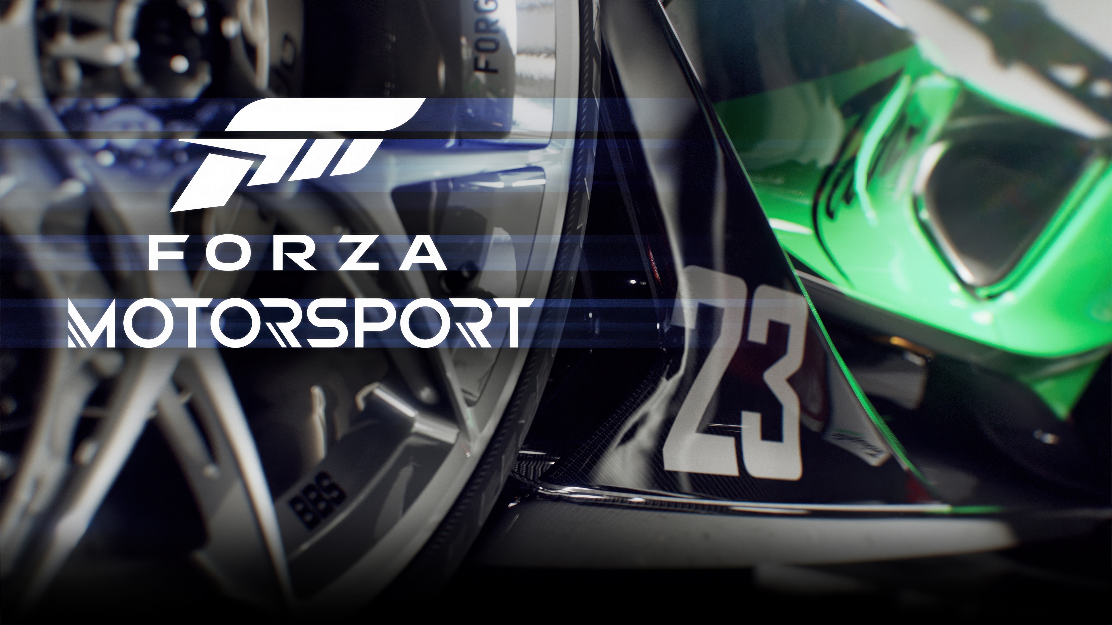 A high-performance supercar driving at high speed on a professional racing track with motion blur, captured in a realistic 5K style from Forza Motorsport.