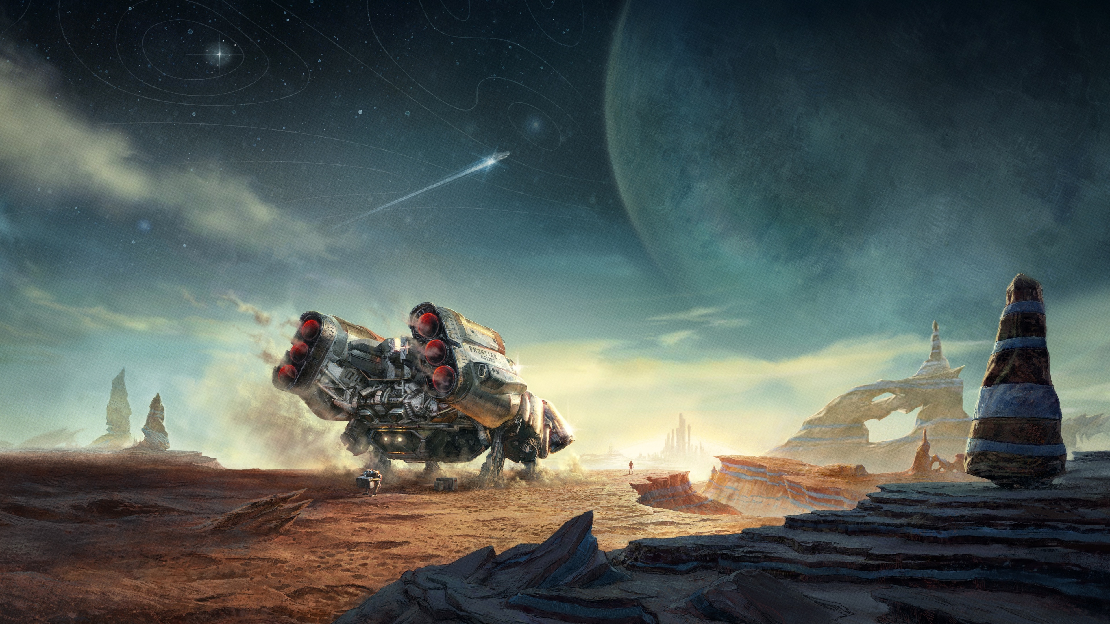 A space explorer in a detailed suit overlooking a vibrant galaxy and colorful nebular clouds in Starfield.