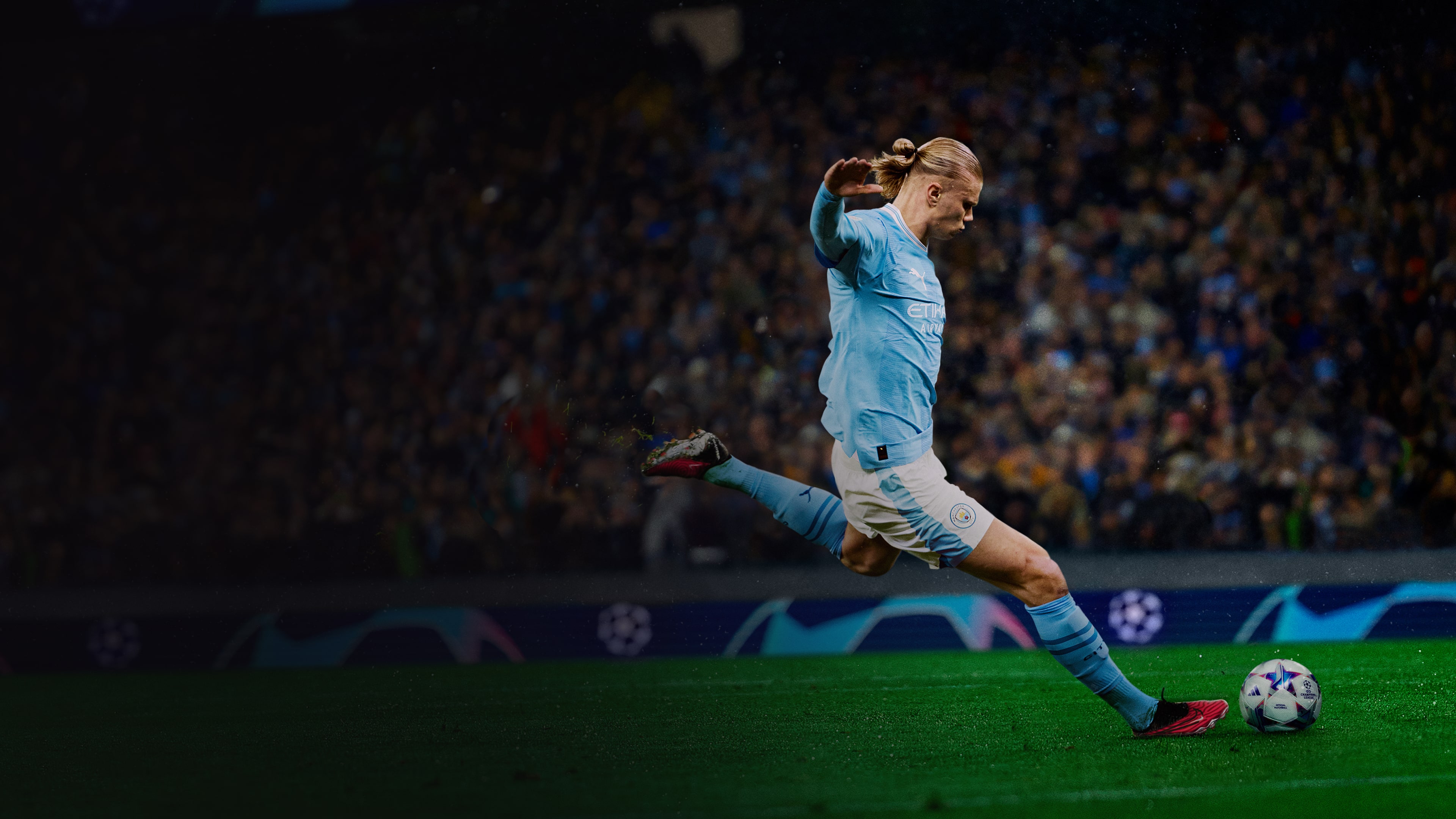 Cinematic sports cover art featuring football player Erling Haaland in a dynamic 2023 Games theme.