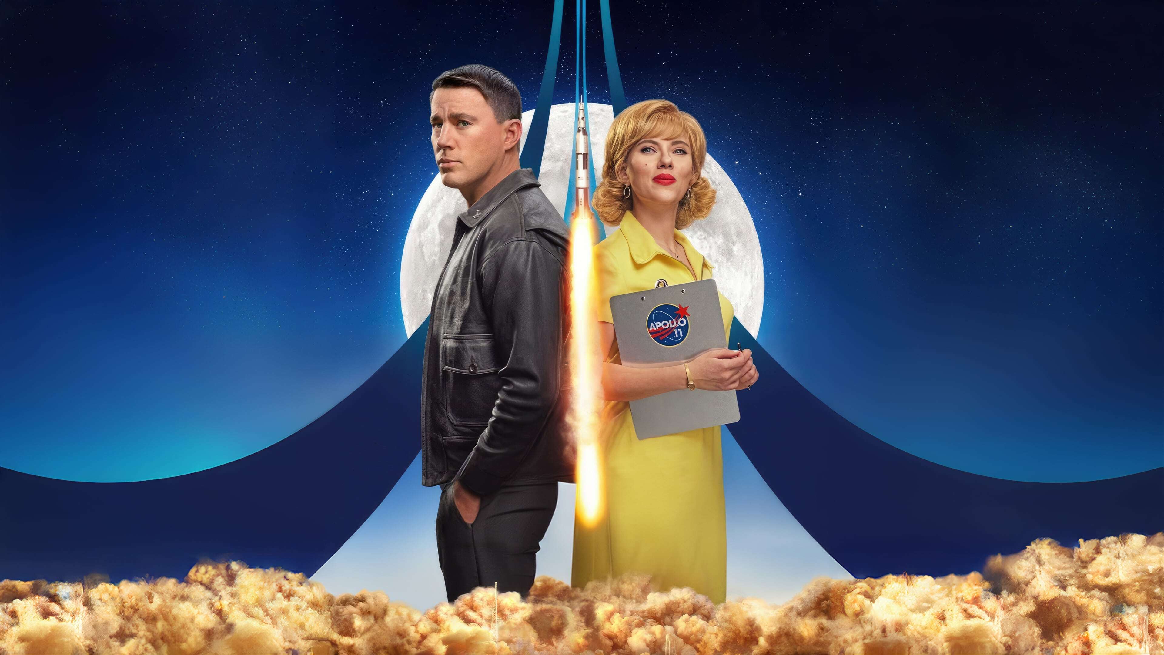 A dramatic movie poster for the 2024 film Fly Me to the Moon, featuring actors Scarlett Johansson and Channing Tatum.