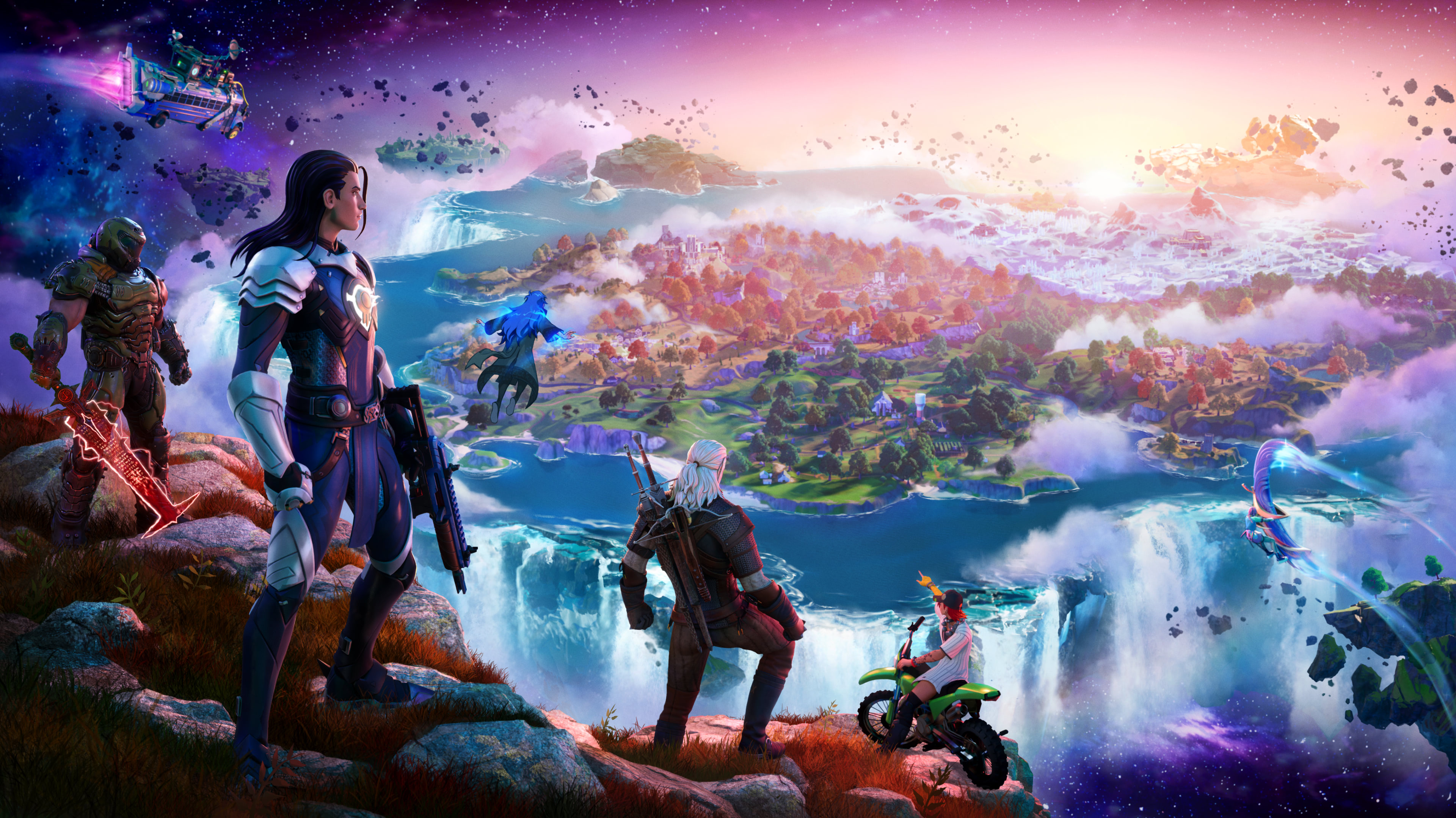 A stylized warrior from Fortnite standing in a colorful, high-action battle royale landscape with vibrant colors.