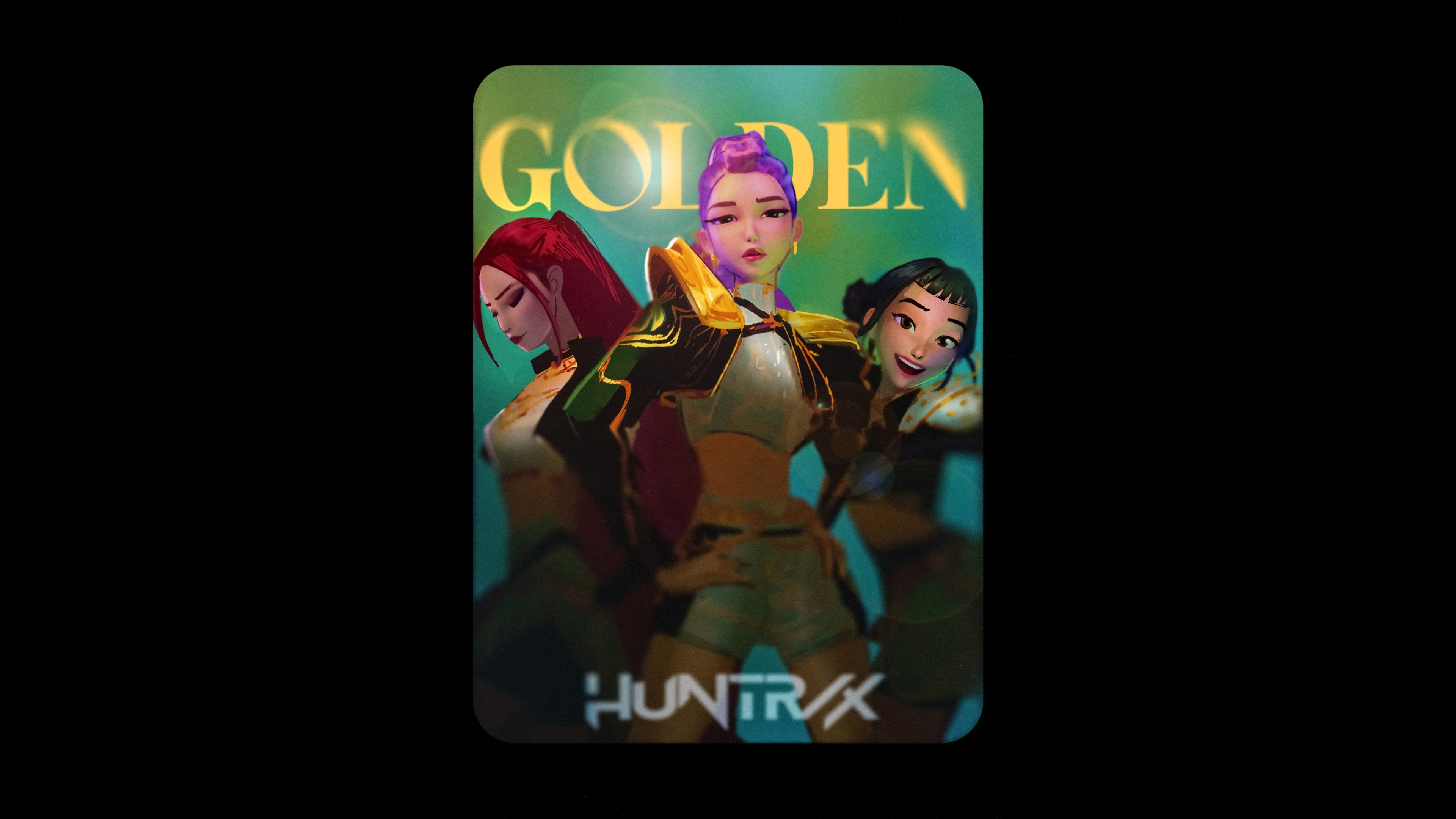 The KPop Demon Hunter trio Mira, Zoey, and Rumi from Huntrix, illuminated in golden light against a solid black background.