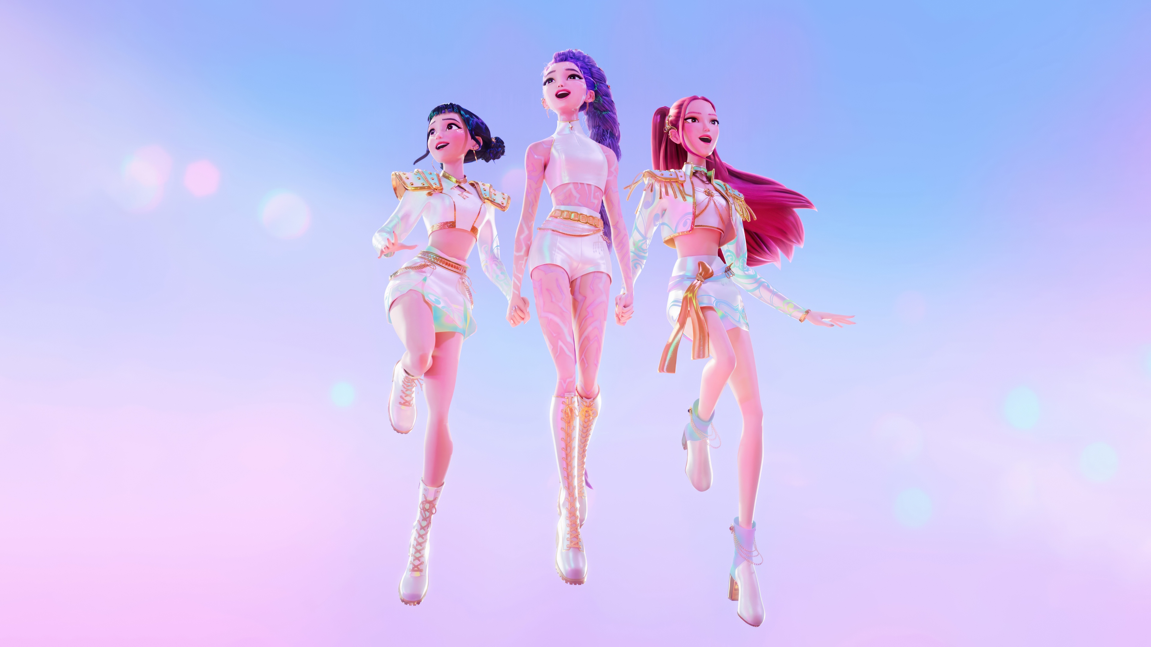 The KPop trio Mira, Zoey, and Rumi from the group Huntrix posing as cinematic demon hunters with a dark, action-oriented aesthetic.