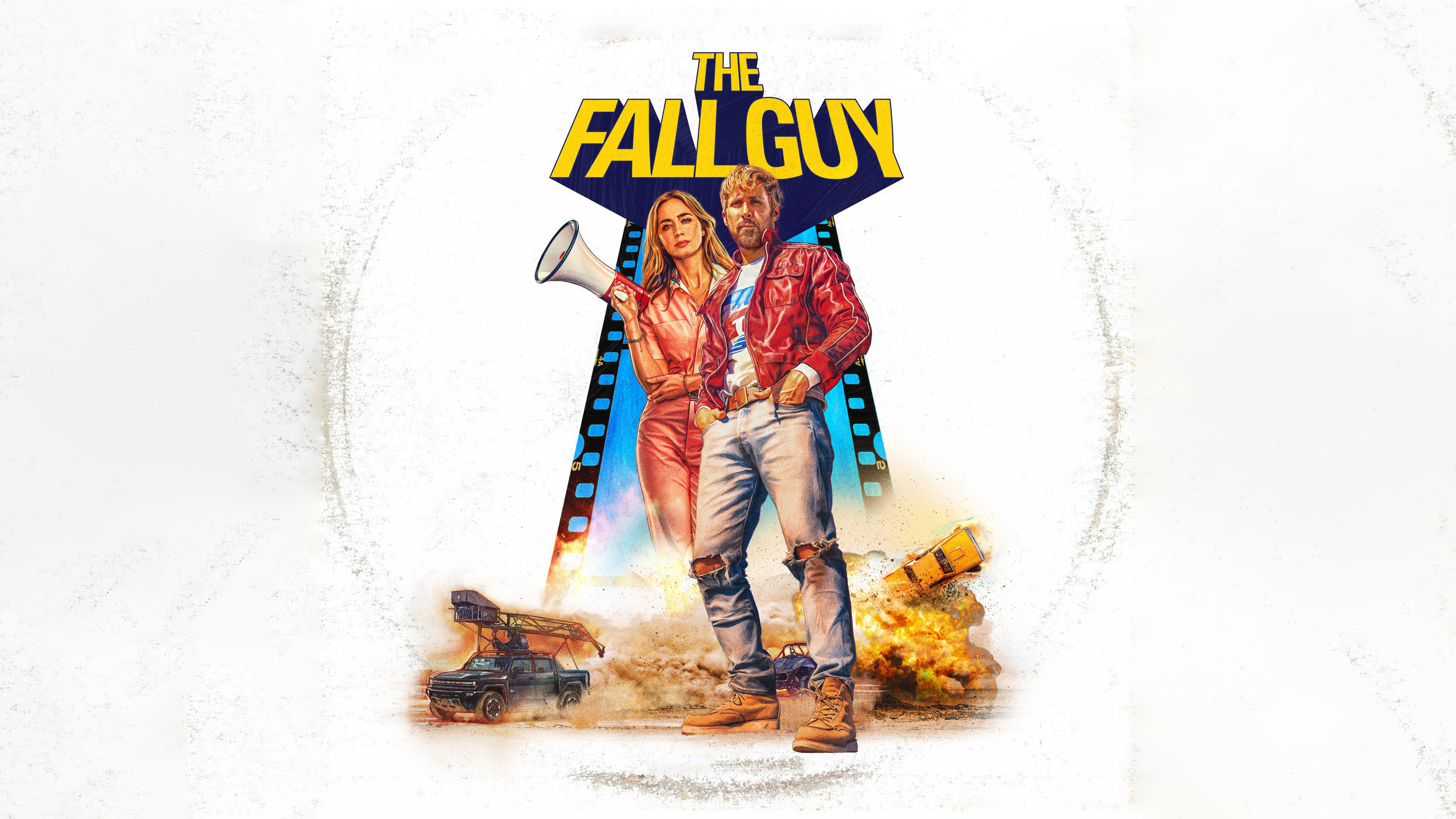 An illustration of characters Colt Seavers and Jody Moreno from the movie The Fall Guy, inspired by Ryan Gosling and Emily Blunt.