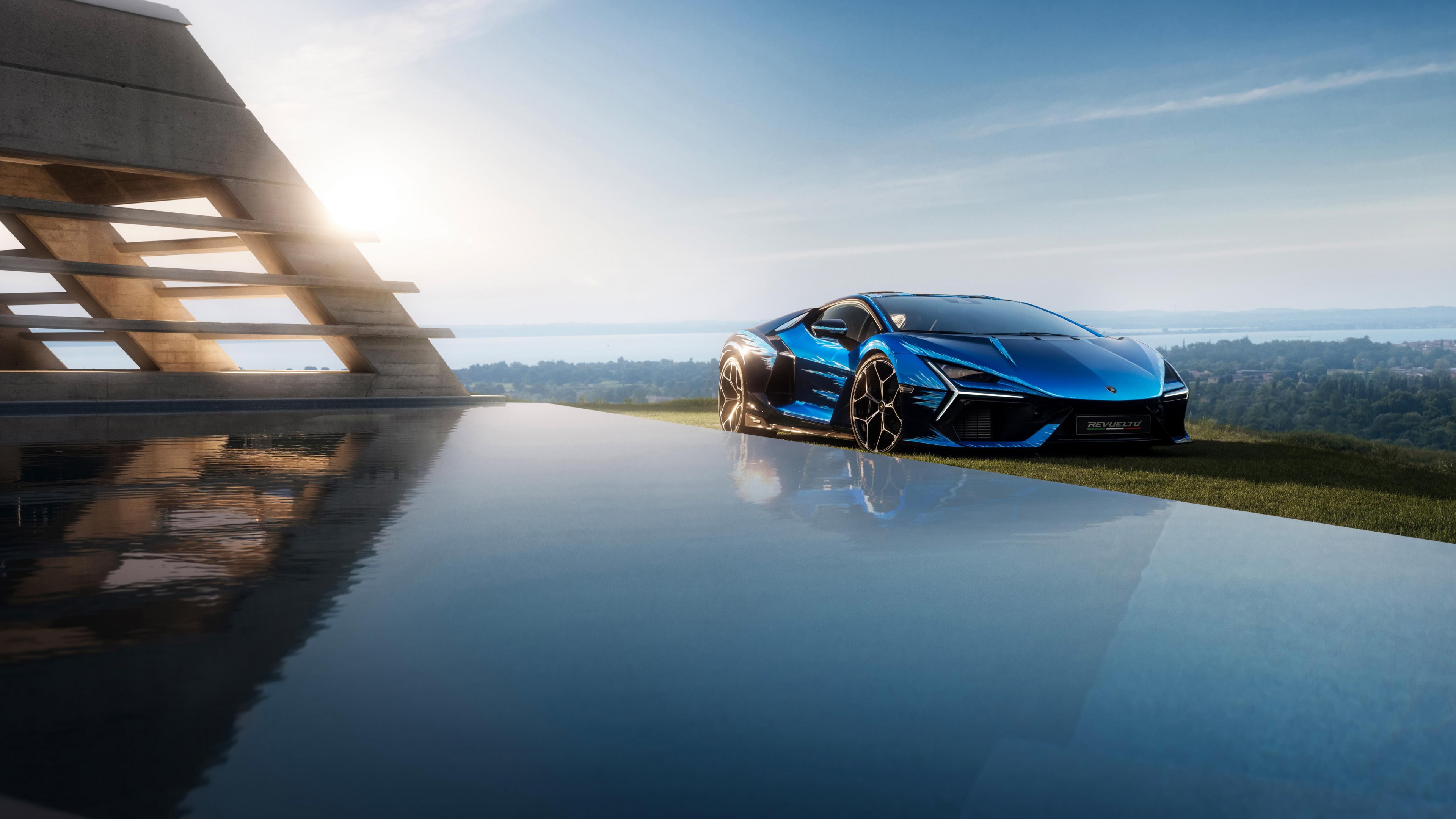 A high-resolution, detailed view of the luxury Lamborghini Revuelto Opera Unica hypercar showcasing its unique aerodynamic design.