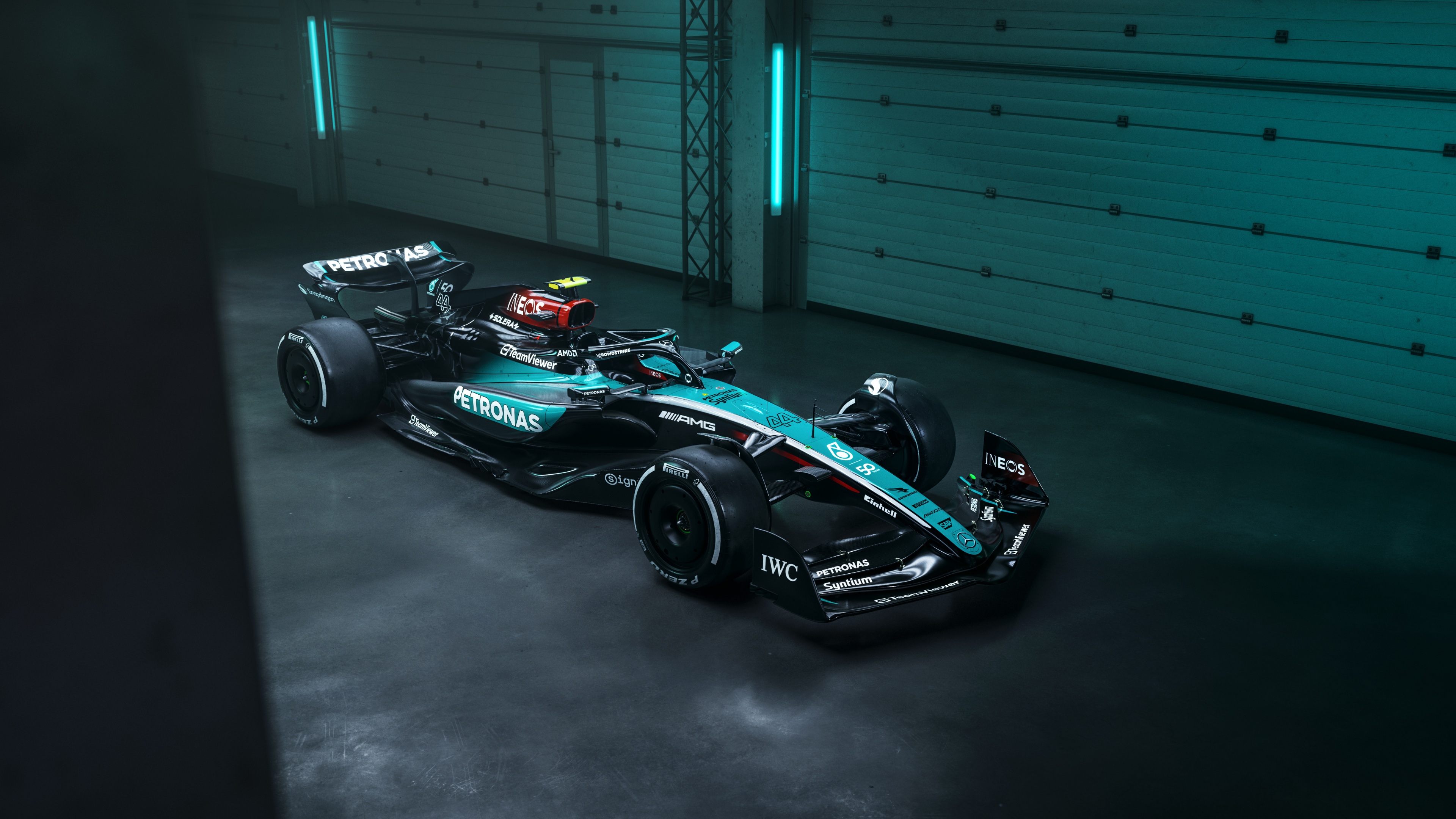A highly detailed view of the Mercedes-AMG F1 W15 E Performance Formula One racing car.
