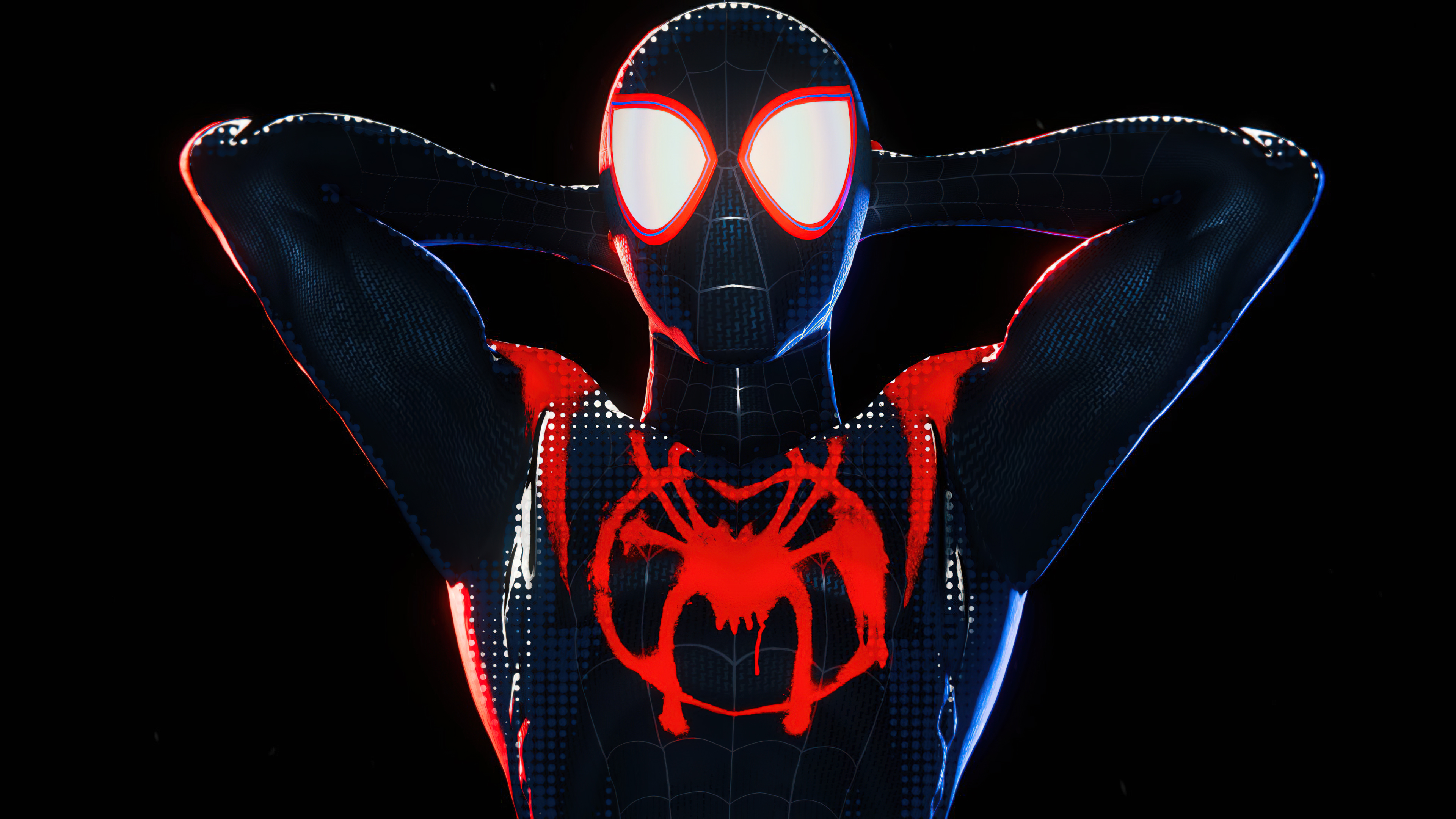 A high-contrast portrait of Miles Morales from Marvel Comics against a solid black background.