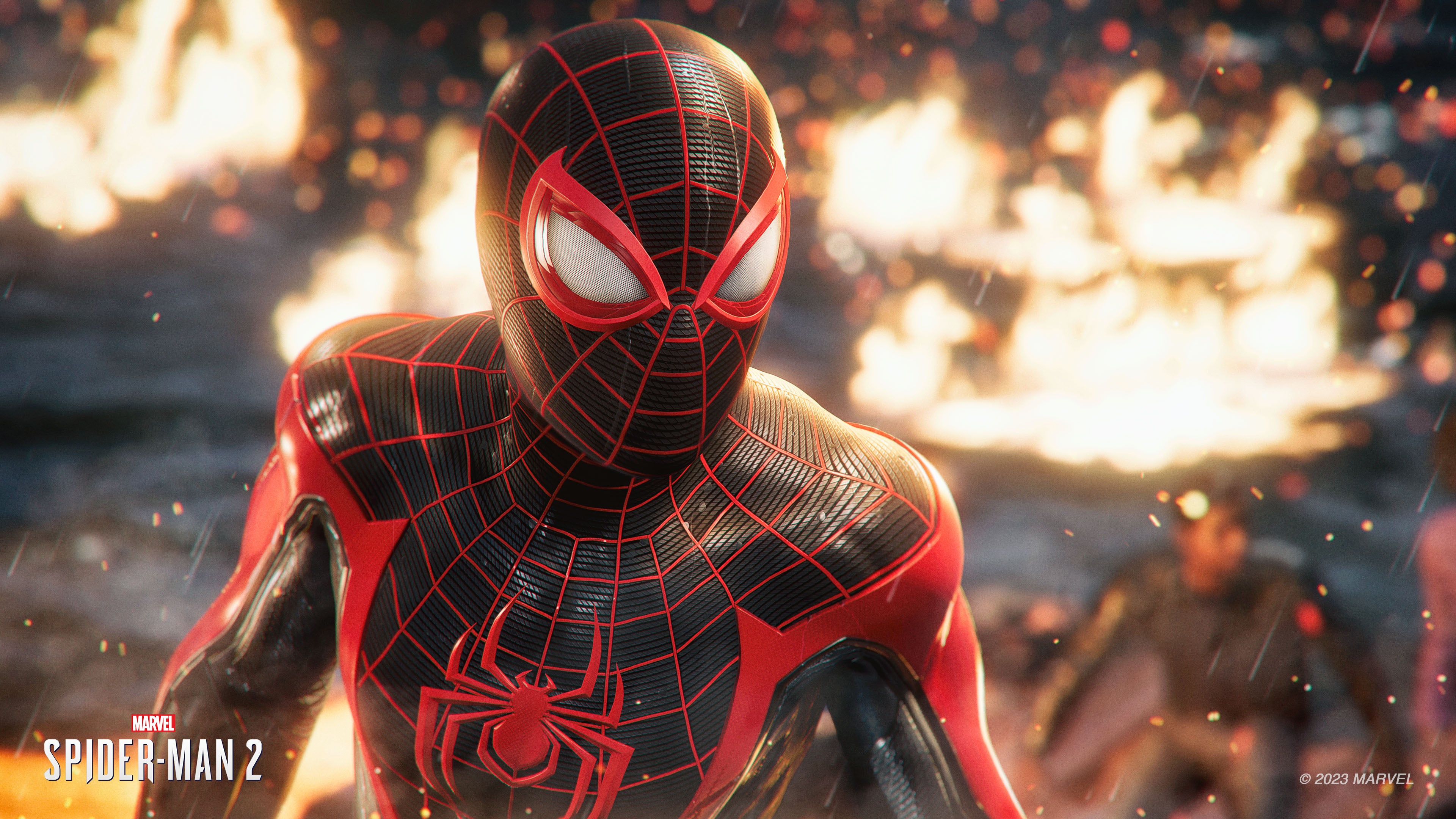 Miles Morales wearing his signature Spider-Man suit from the video game Marvel's Spider-Man 2.