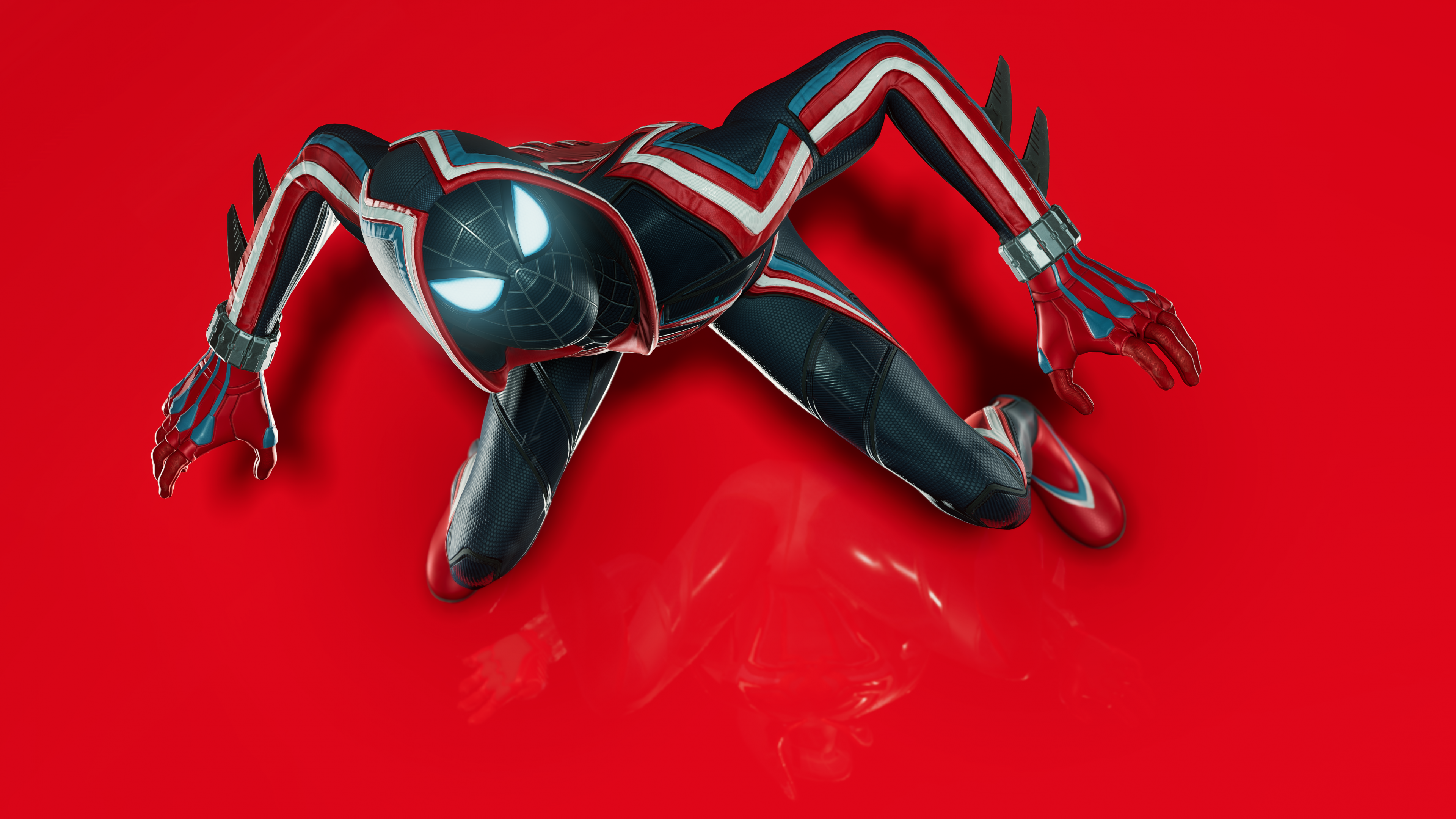 Miles Morales as Spider-Man posing against a vibrant red background in 5K resolution.