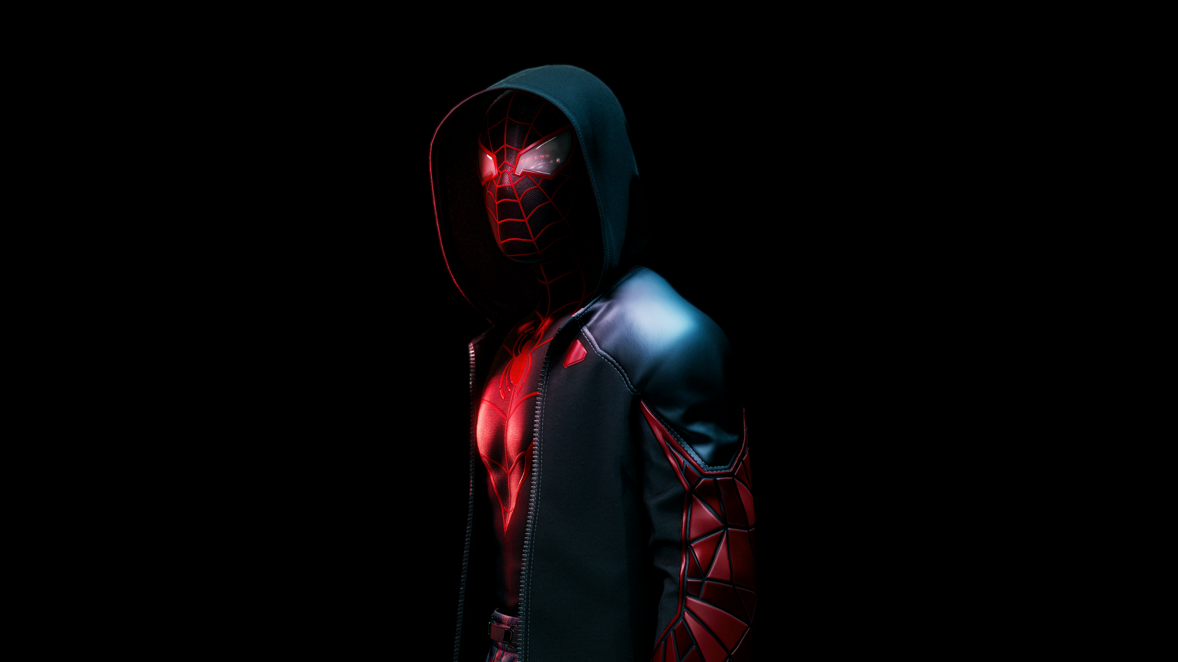 Miles Morales in his iconic black and red Spider-Man suit against a black background, inspired by Marvel's Spider-Man: Miles Morales.