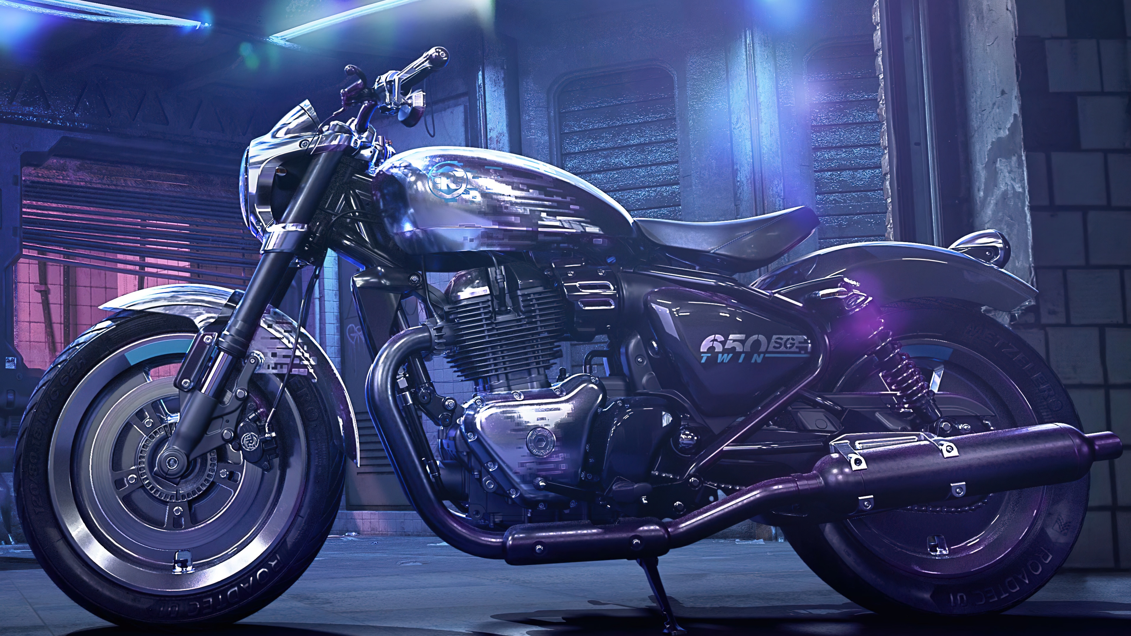 The Royal Enfield SG650 Concept motorcycle featuring a retro-modern design displayed at the EICMA Motorcycle Show.