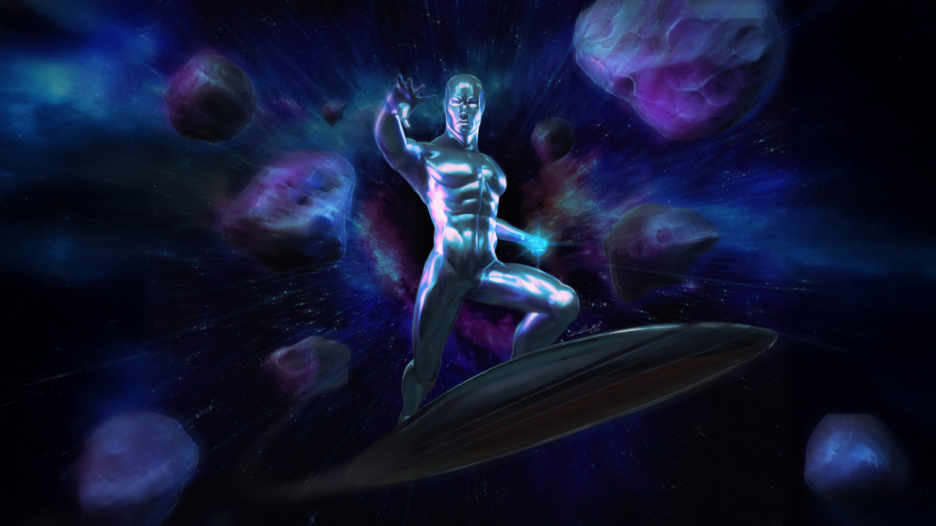 A high-detail, 5K resolution close-up of the metallic-skinned Silver Surfer from Marvel Comics.