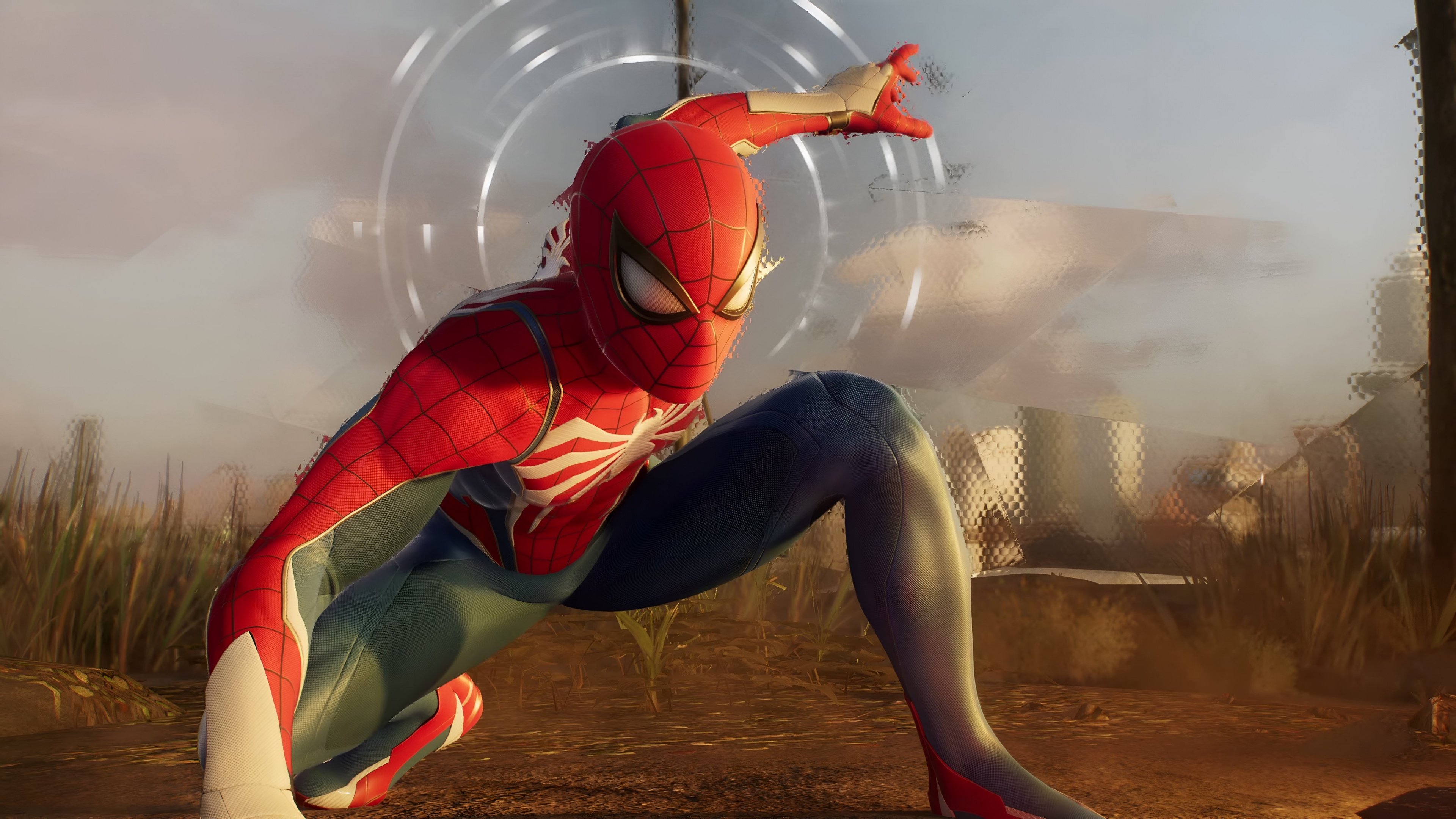 A detailed cinematic shot of Spider-Man from Marvel's Spider-Man.