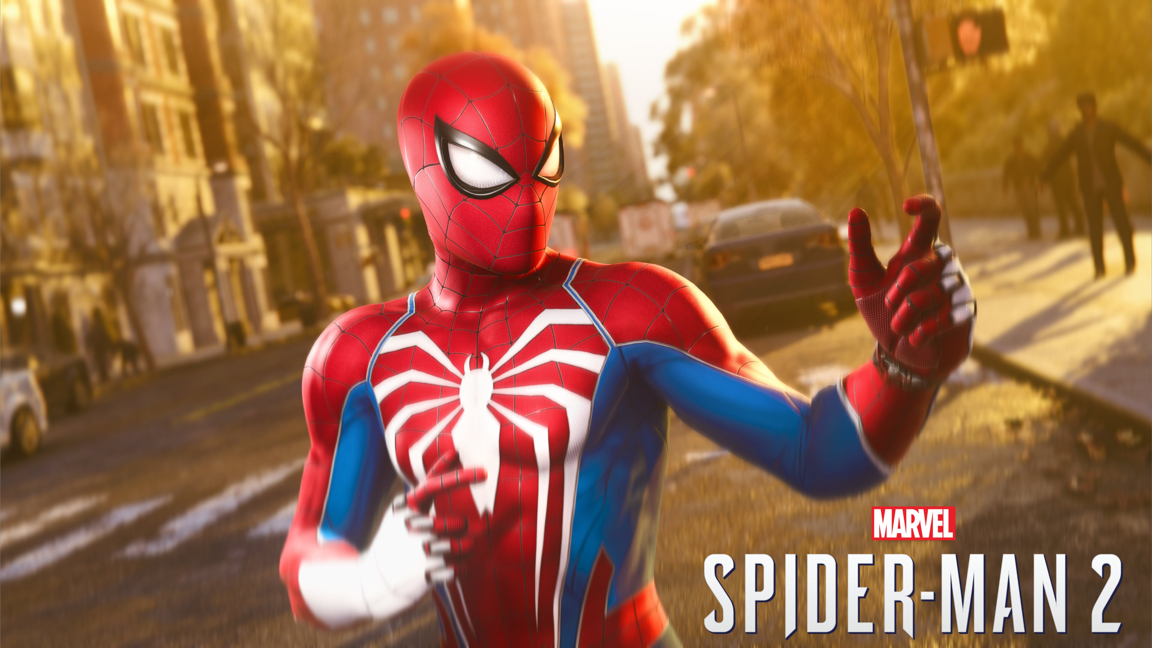 Spider-Man wearing the Advanced Suit with a prominent white spider emblem from the video game Marvel's Spider-Man 2.