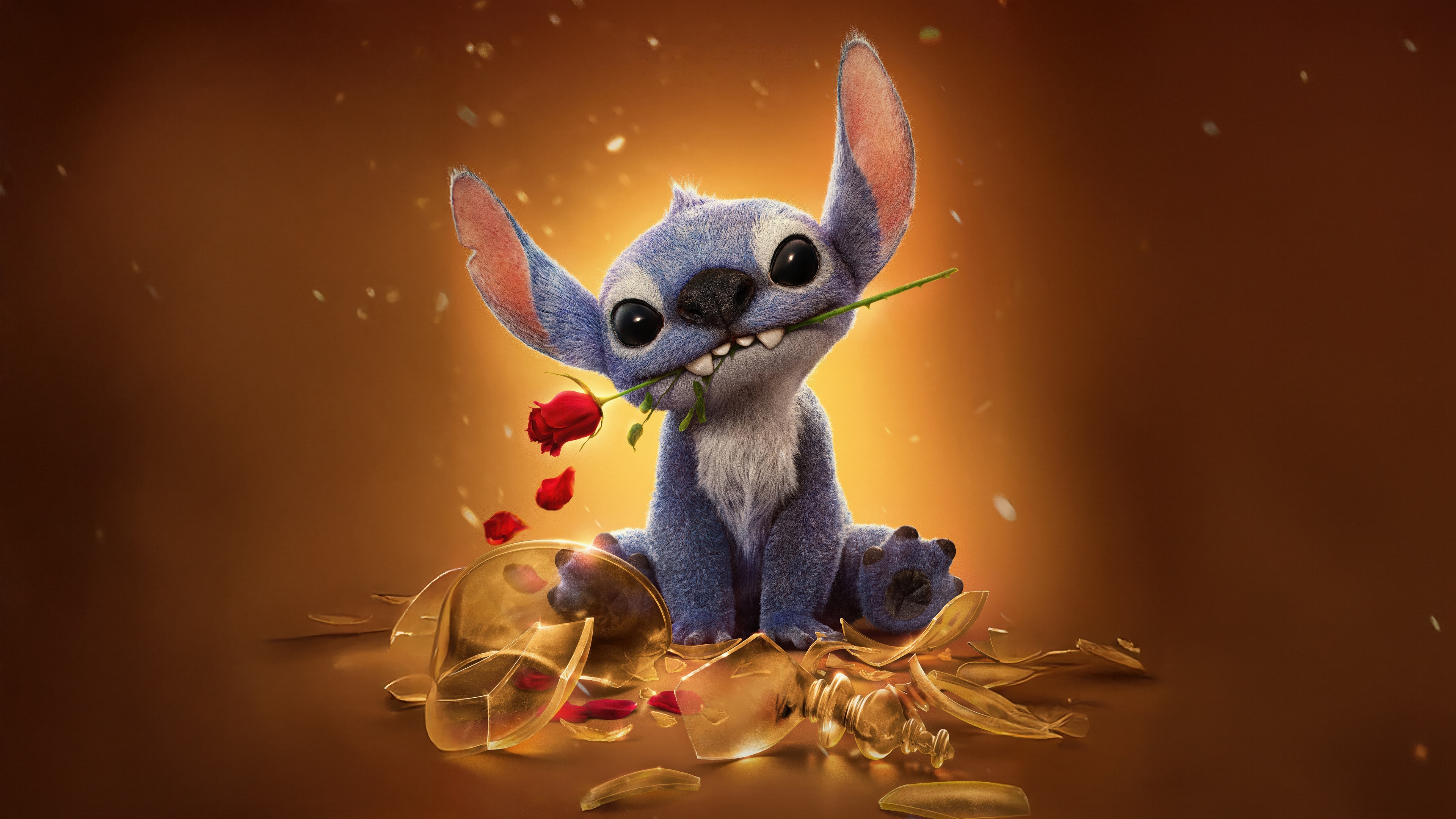 A detailed 5K animation of Stitch from Lilo & Stitch inspired by the aesthetic of Beauty and the Beast on a brown background.