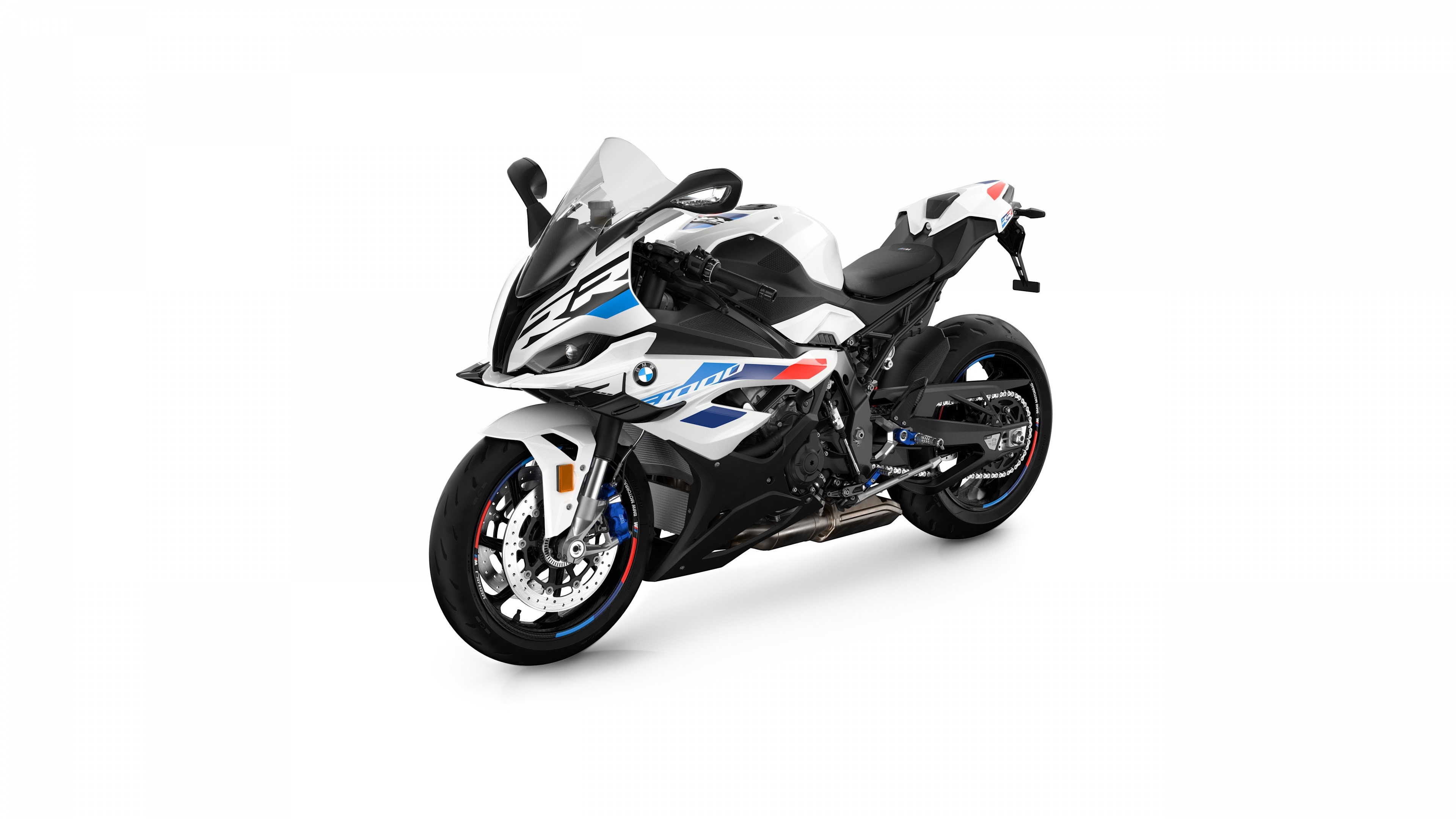 Detailed studio shot of a 2023 BMW S 1000 RR sports motorcycle on a white background