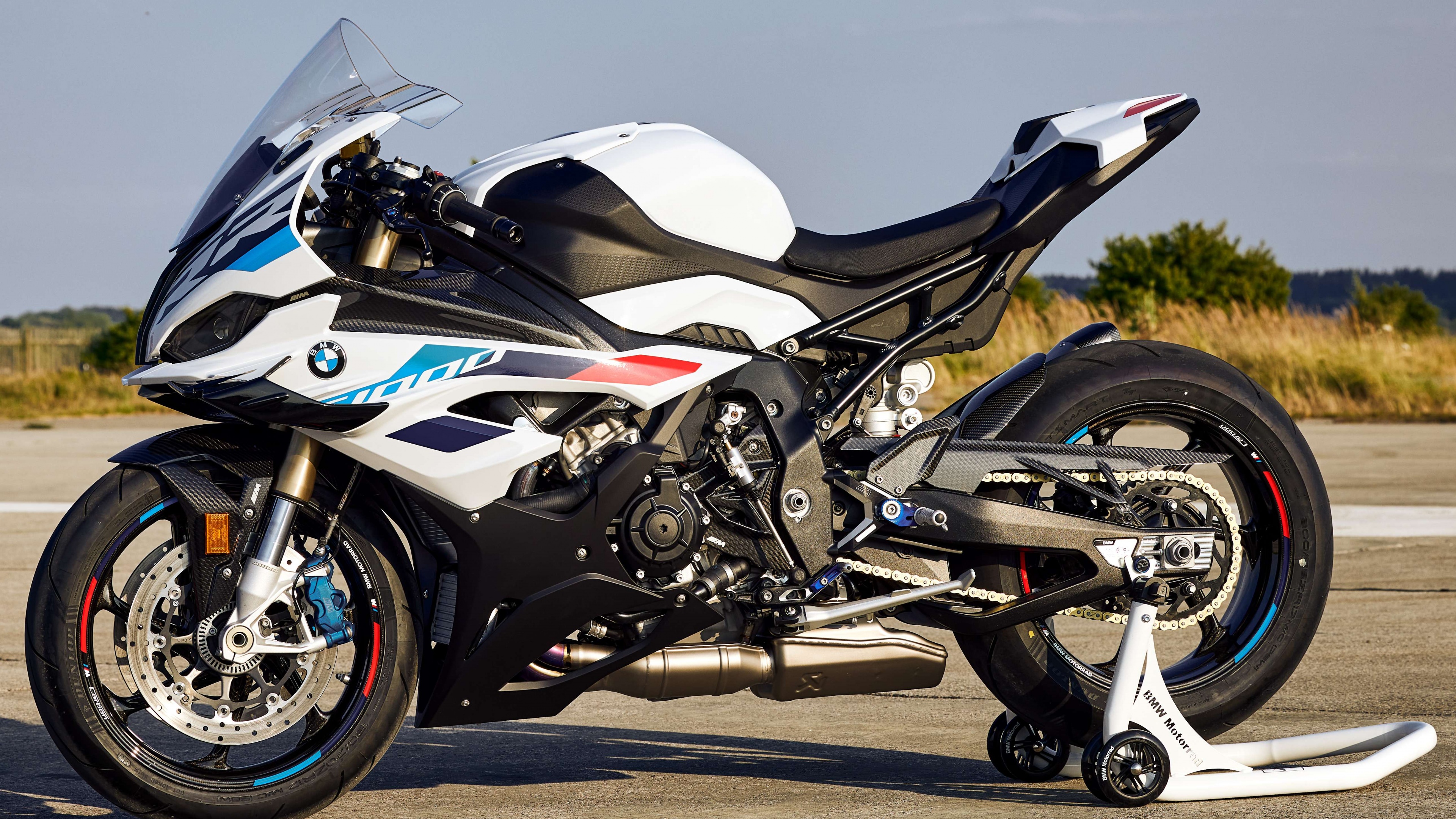 A detailed close-up of a 2023 BMW S 1000 RR sports motorcycle.