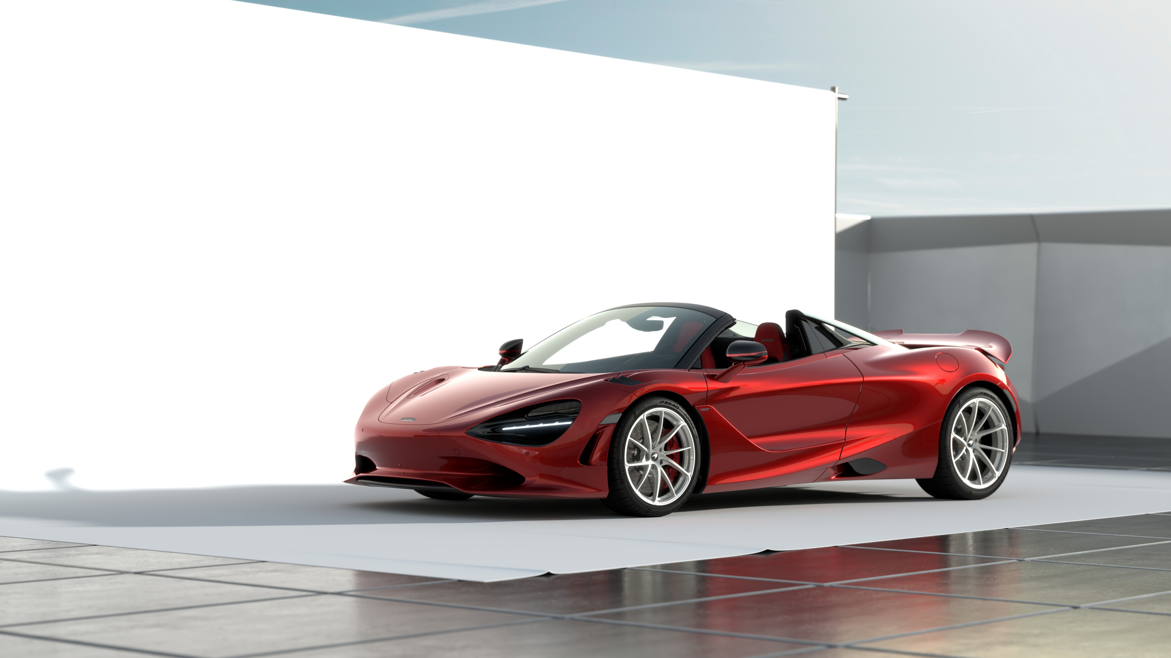 A high-detail, close-up shot of a 2024 McLaren 750S supercar featuring sleek aerodynamic design and metallic finish.