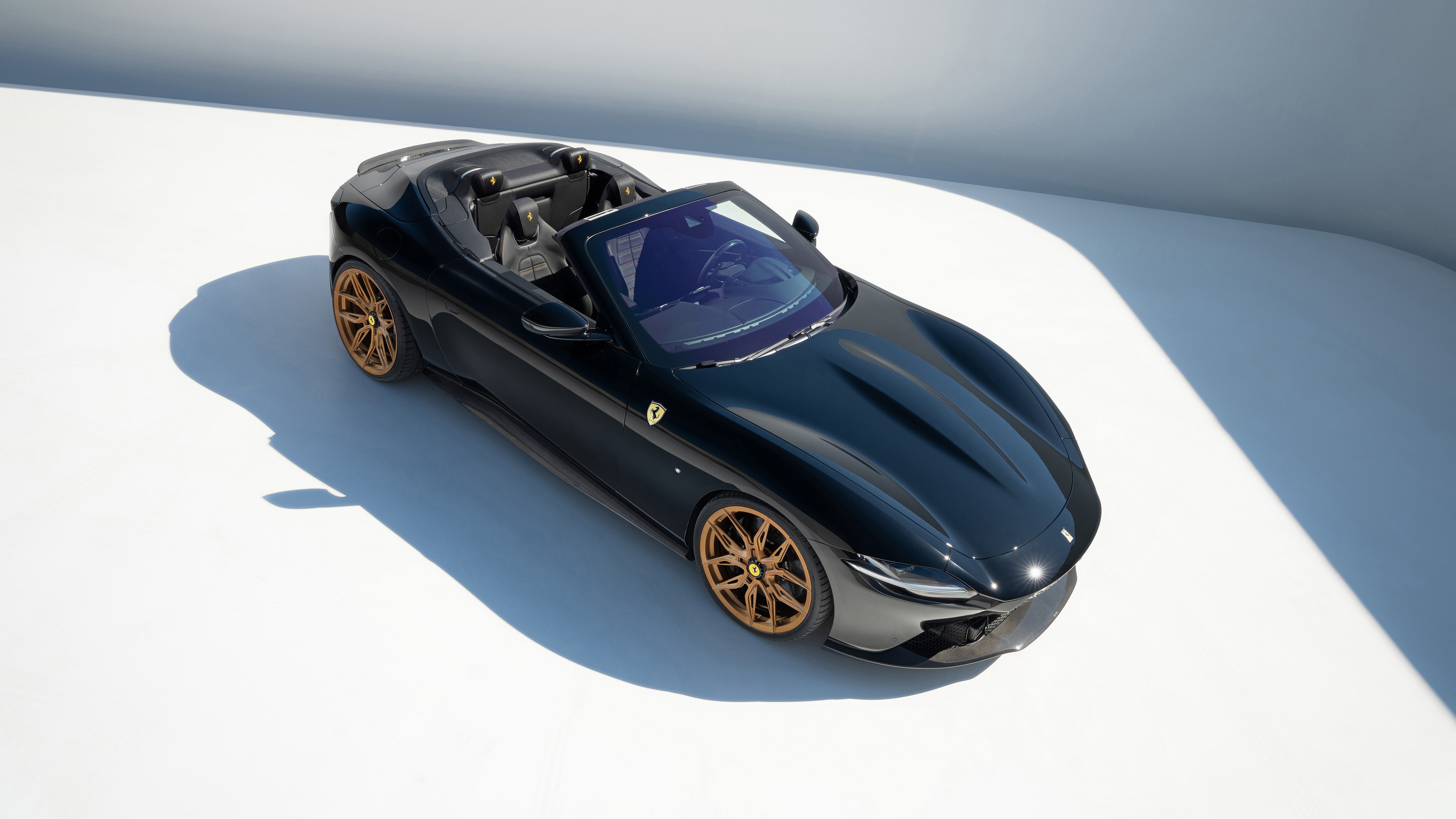 A high-definition, detailed view of a 2024 Ferrari Roma Spider featuring Novitec tuning enhancements and aerodynamic body kit.