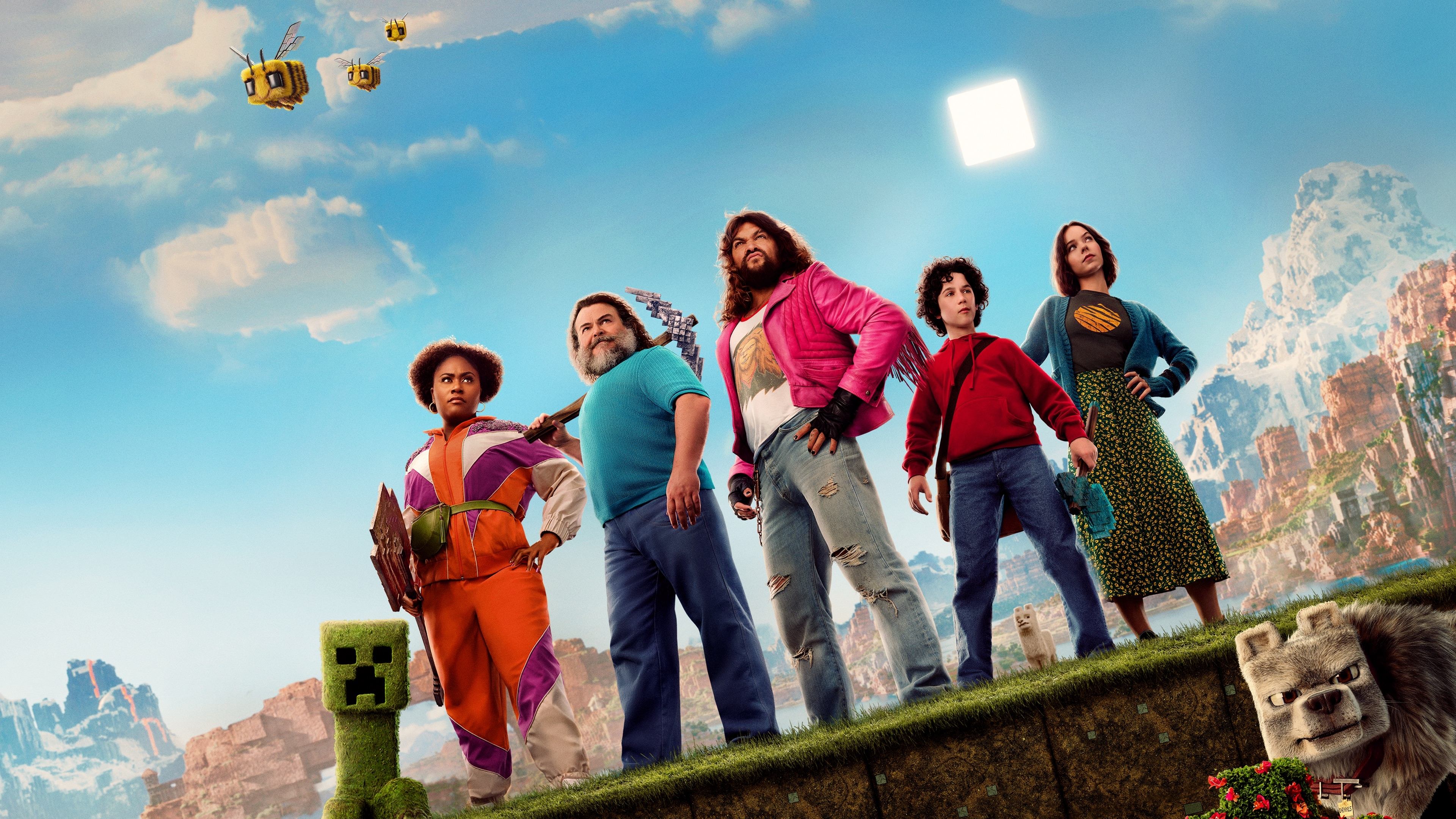 Cinematic movie poster for A Minecraft Movie (2025) showcasing characters and environments from the Minecraft game.