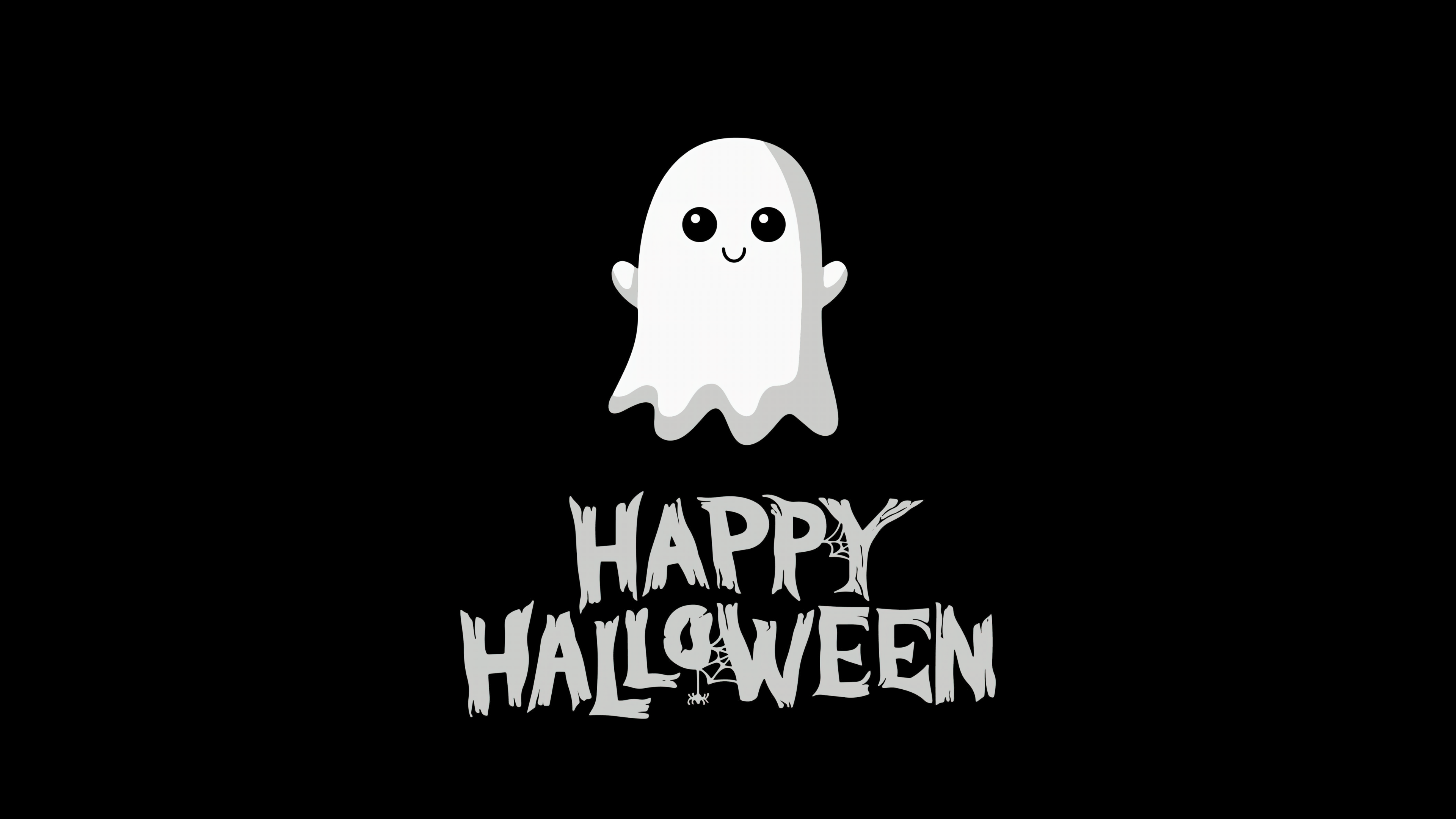 A cute, small white ghost floating on a solid black background for Halloween.