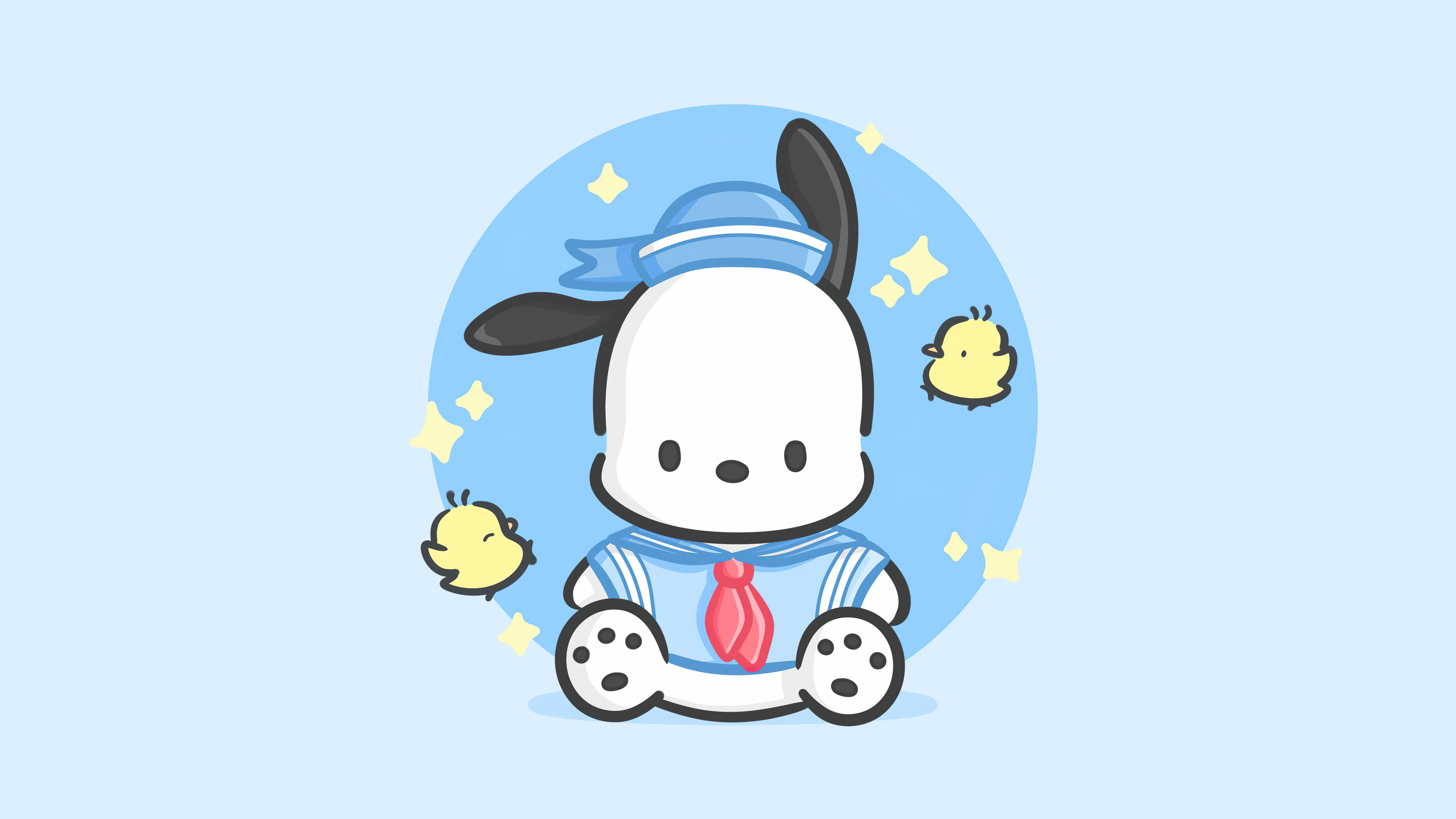 A cute cartoon illustration of Pochacco from Sanrio featuring a soft blue aesthetic.