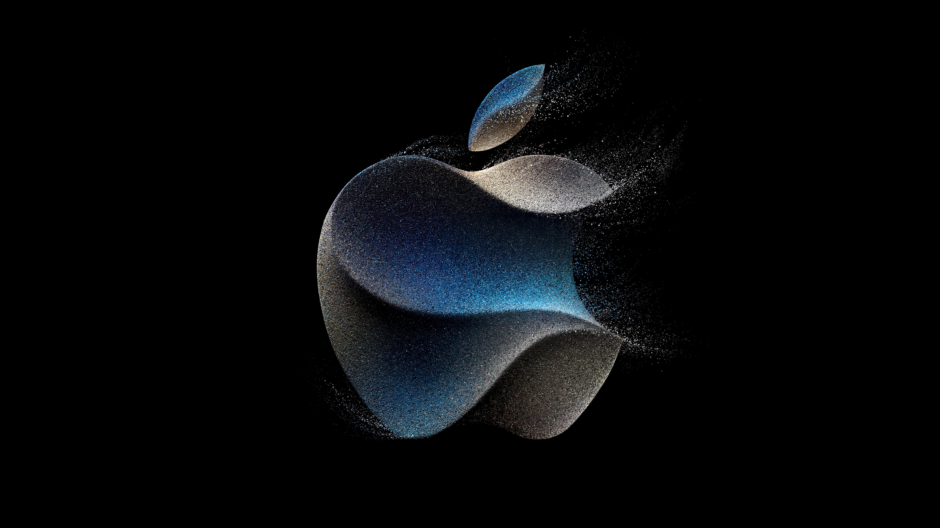 Minimalist Apple logo on a solid black background, representing the Apple Event 2023 theme.