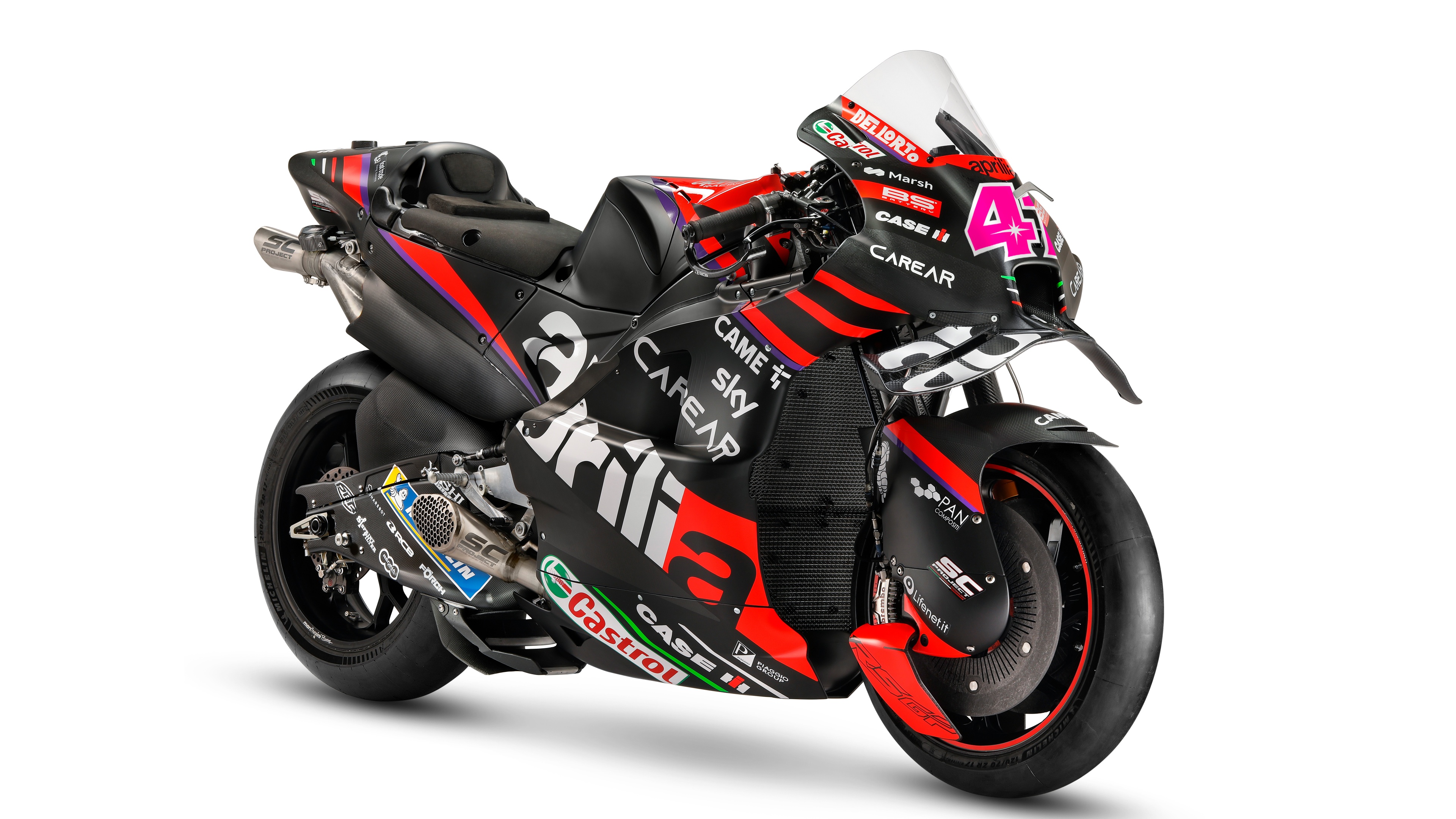 A detailed view of the Aprilia RS-GP MotoGP racing motorcycle featuring its sleek 2023 aerodynamic bodywork.