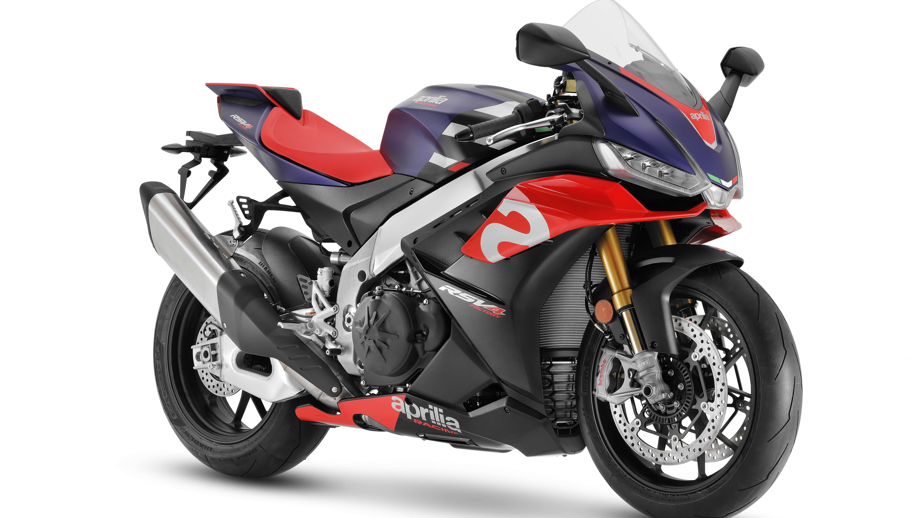 A high-resolution studio shot of a 2022 Aprilia RSV4 1100 Factory sports motorcycle on a white background