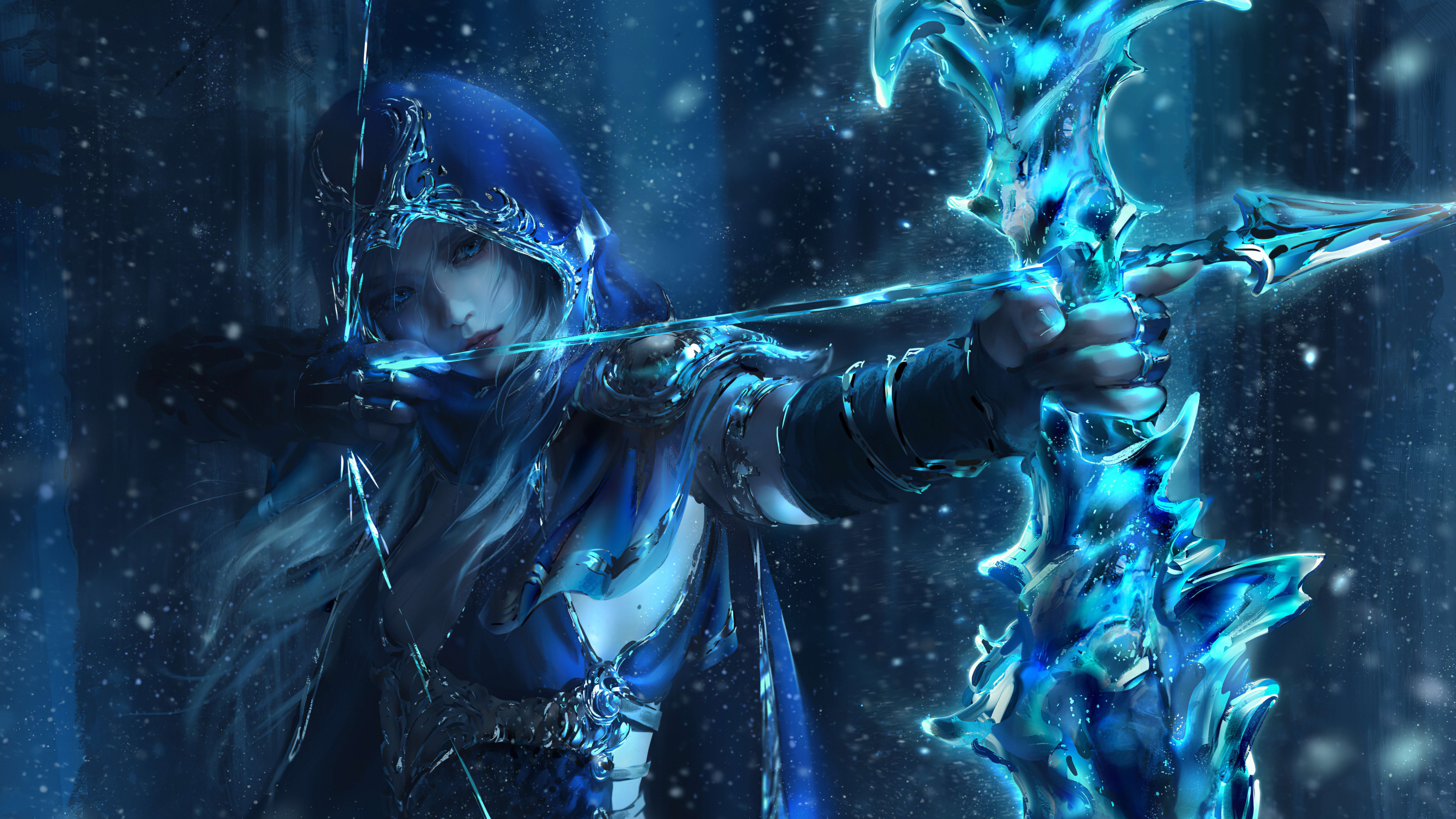 A high-resolution, cinematic portrait of Ashe from League of Legends, featuring intricate frost and ice details.