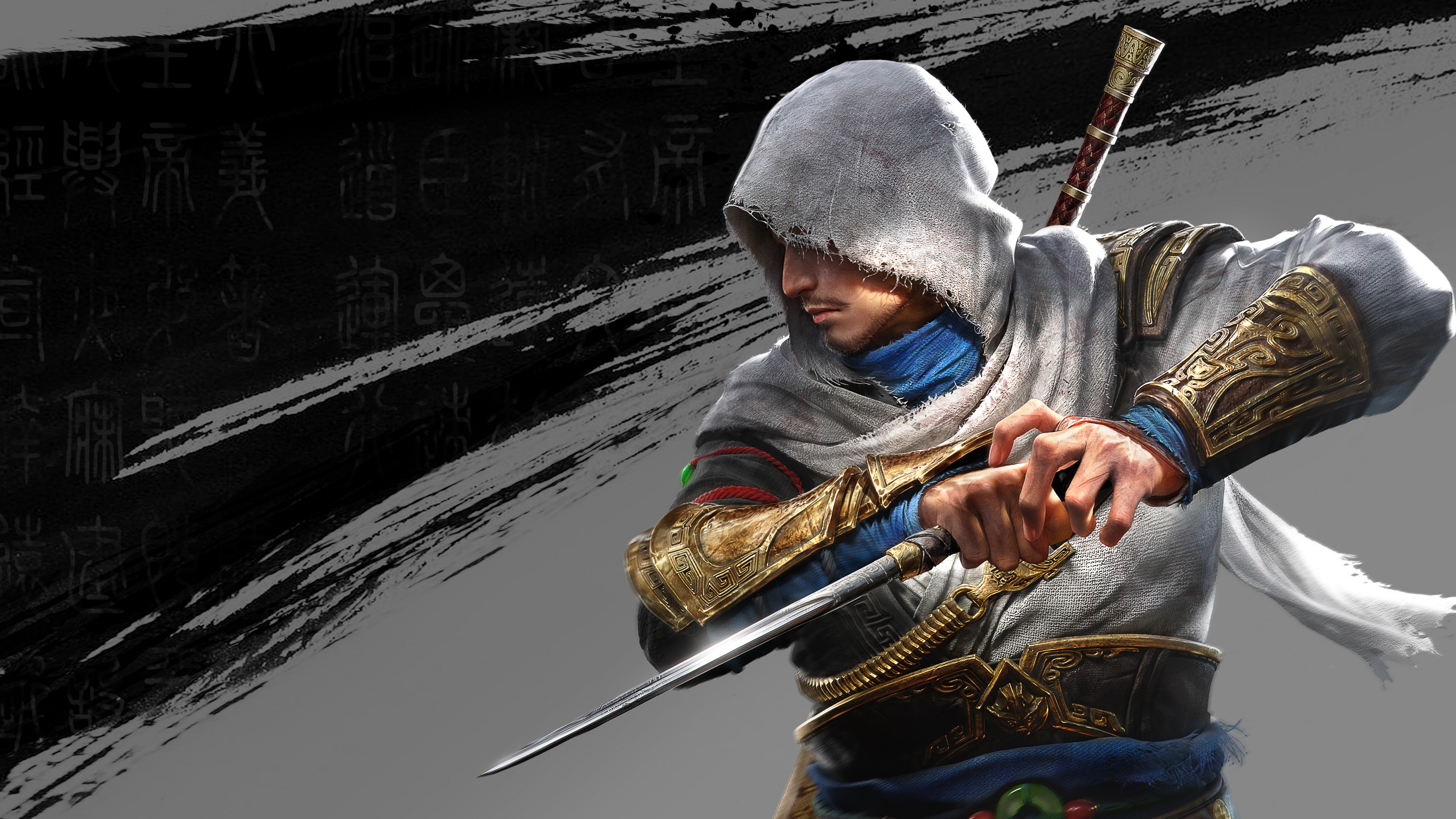 A character from Assassin's Creed Jade wearing traditional Chinese assassin attire, set against a detailed landscape.
