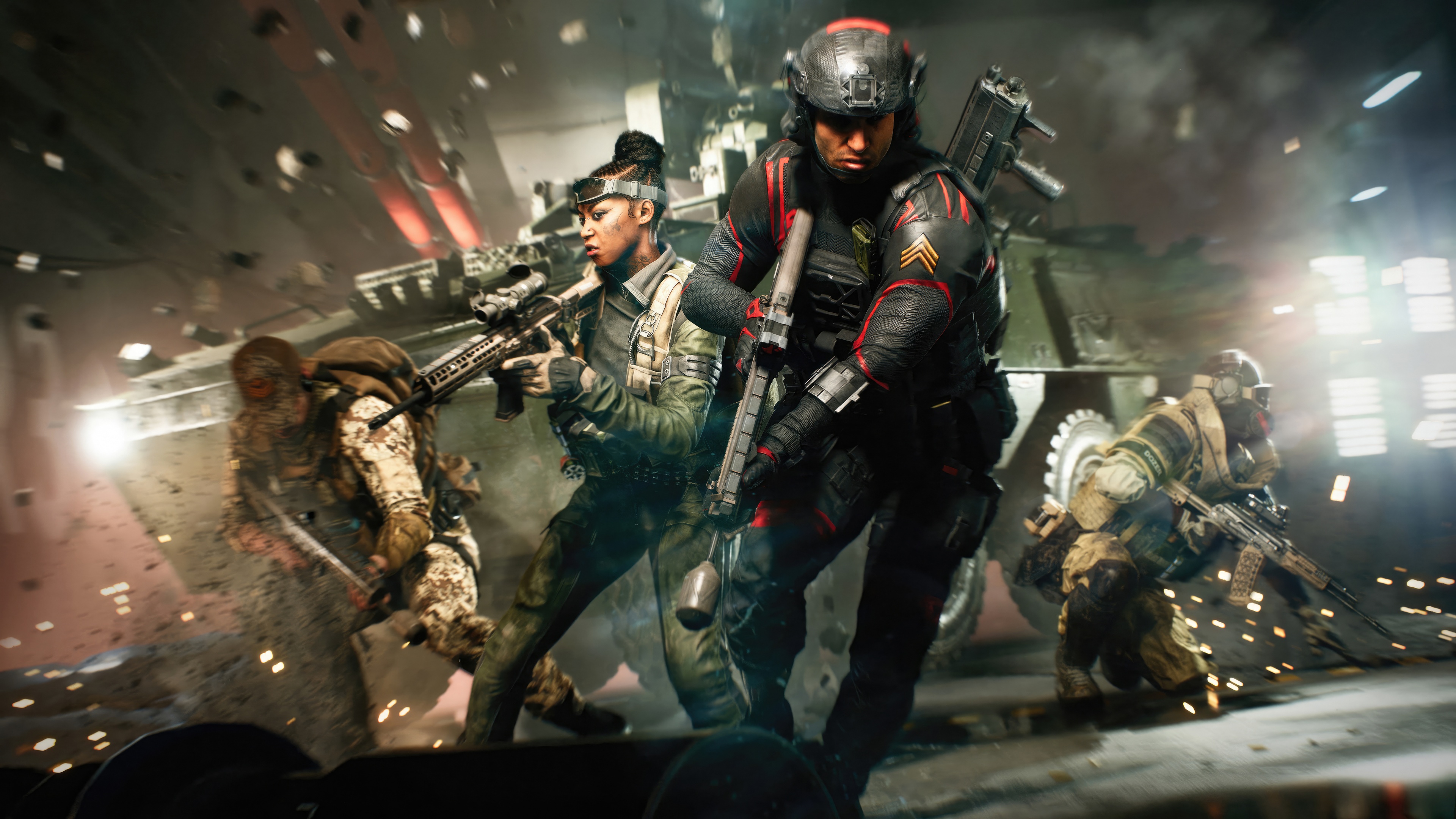 A tactical soldier from Battlefield 2042 wearing advanced combat gear in a battlefield setting.