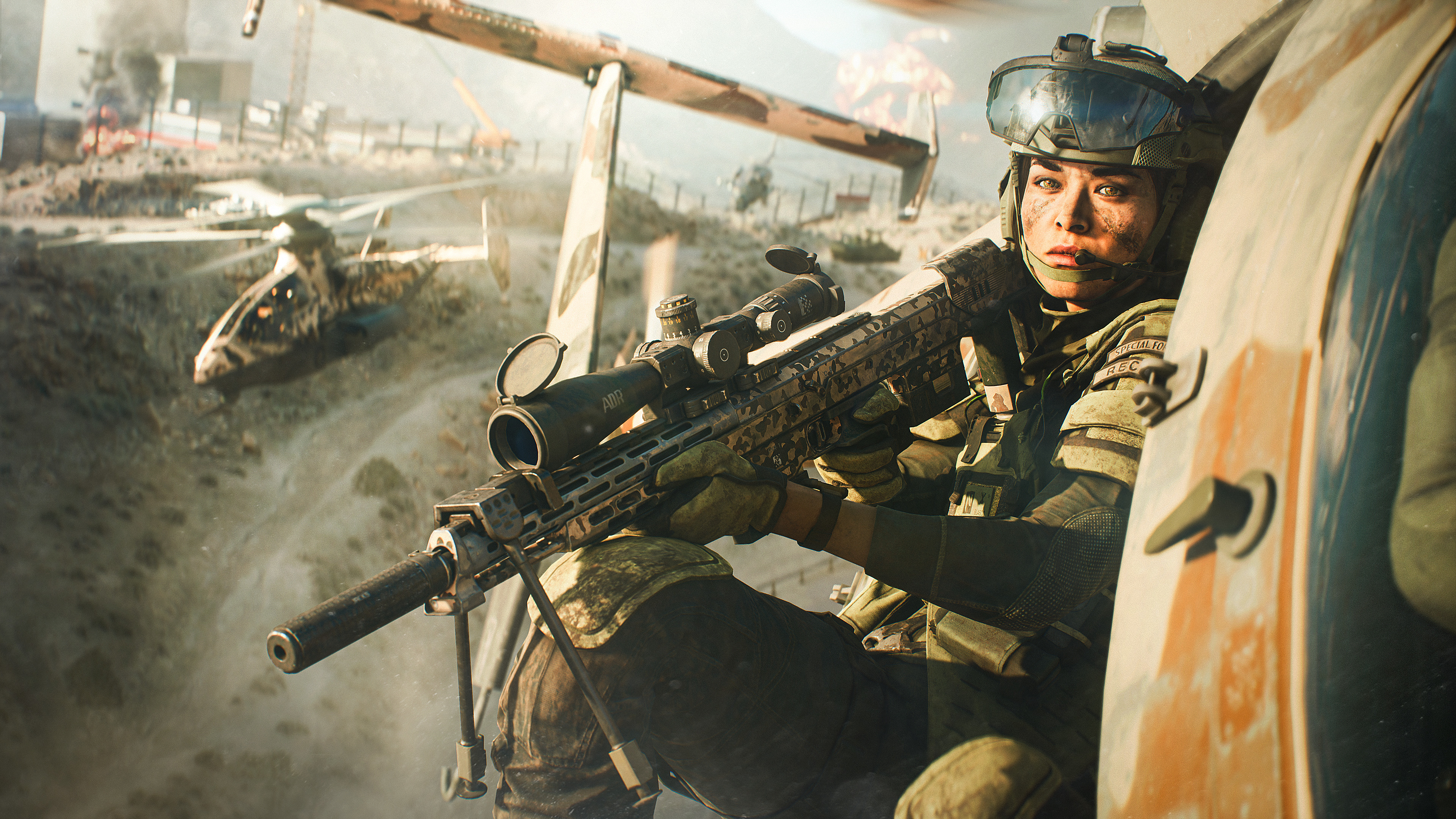 A Battlefield 2042 specialist engaged in intense combat amidst a destroyed urban landscape.